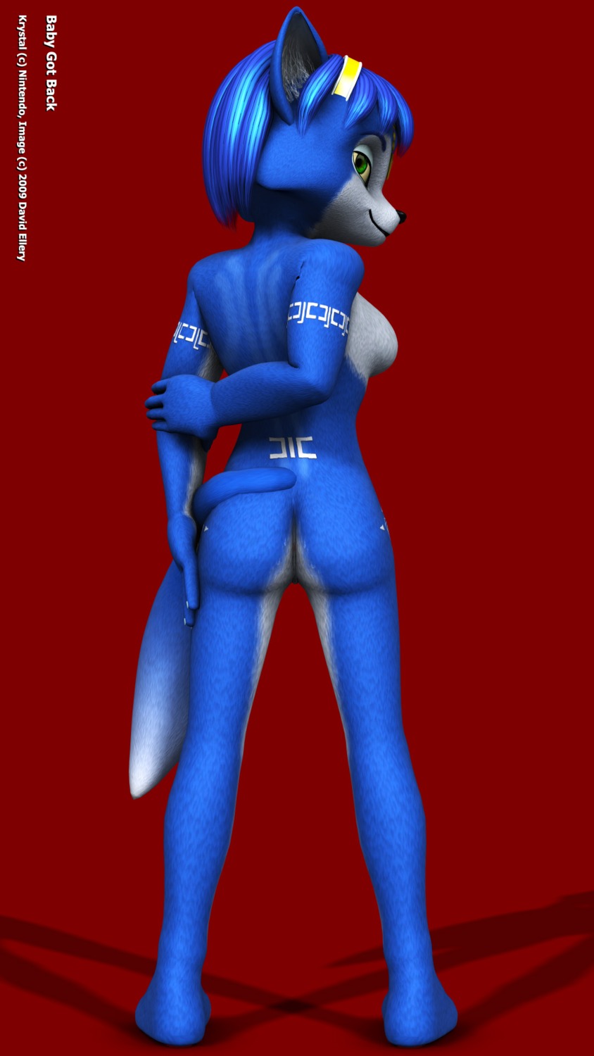 anthro arm_behind_back ass back_nose back_view blue_fur blue_hair breasts closed_mouth color female female_only fox fur furry furry_ass furry_breasts furry_ears furry_tail green_eyes hair krystal looking_back nude open_eyes pointy_ears rule34 short_hair solo star_fox tail white_fur