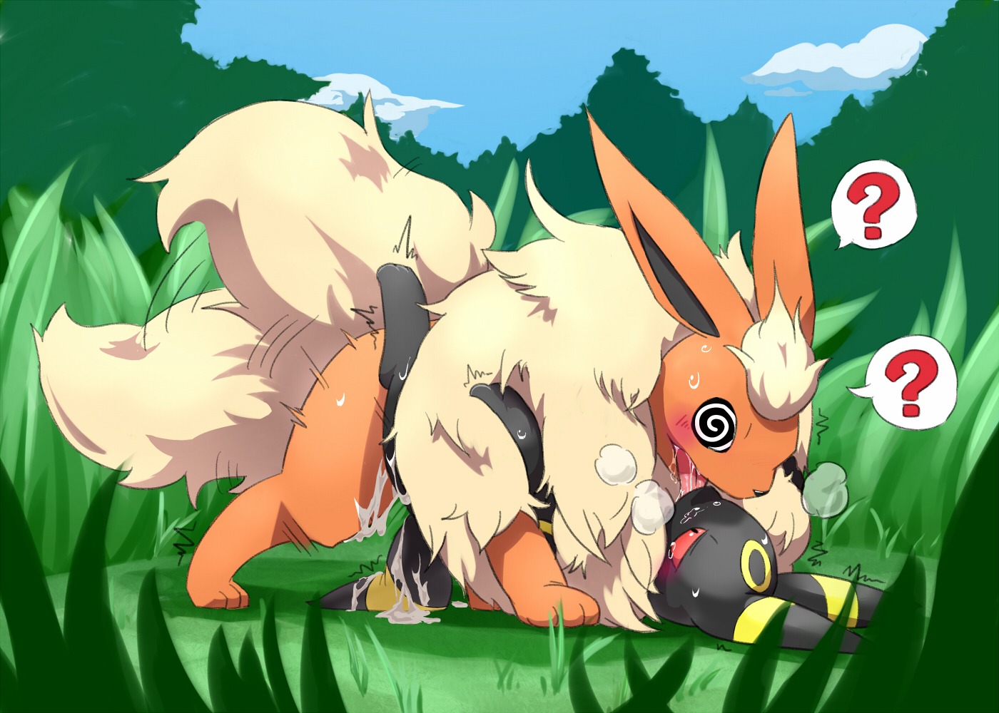 ambiguous_gender black_body black_fur blush bodily_fluids canid canine cloud cum cum_on_leg cum_on_tail dizzy drooling duo e621 eeveelution feral feral_on_feral flareon fluffy forced from_front_position fur furukara generation_1_pokemon generation_2_pokemon genital_fluids grass hypnosis legs_up lying male male/ambiguous mammal mind_control missionary_position nintendo on_back orange_body orange_fur plant pokemon pokemon_(species) question_mark rape red_eyes saliva sex spiral spiral_eyes tail tears tongue umbreon
