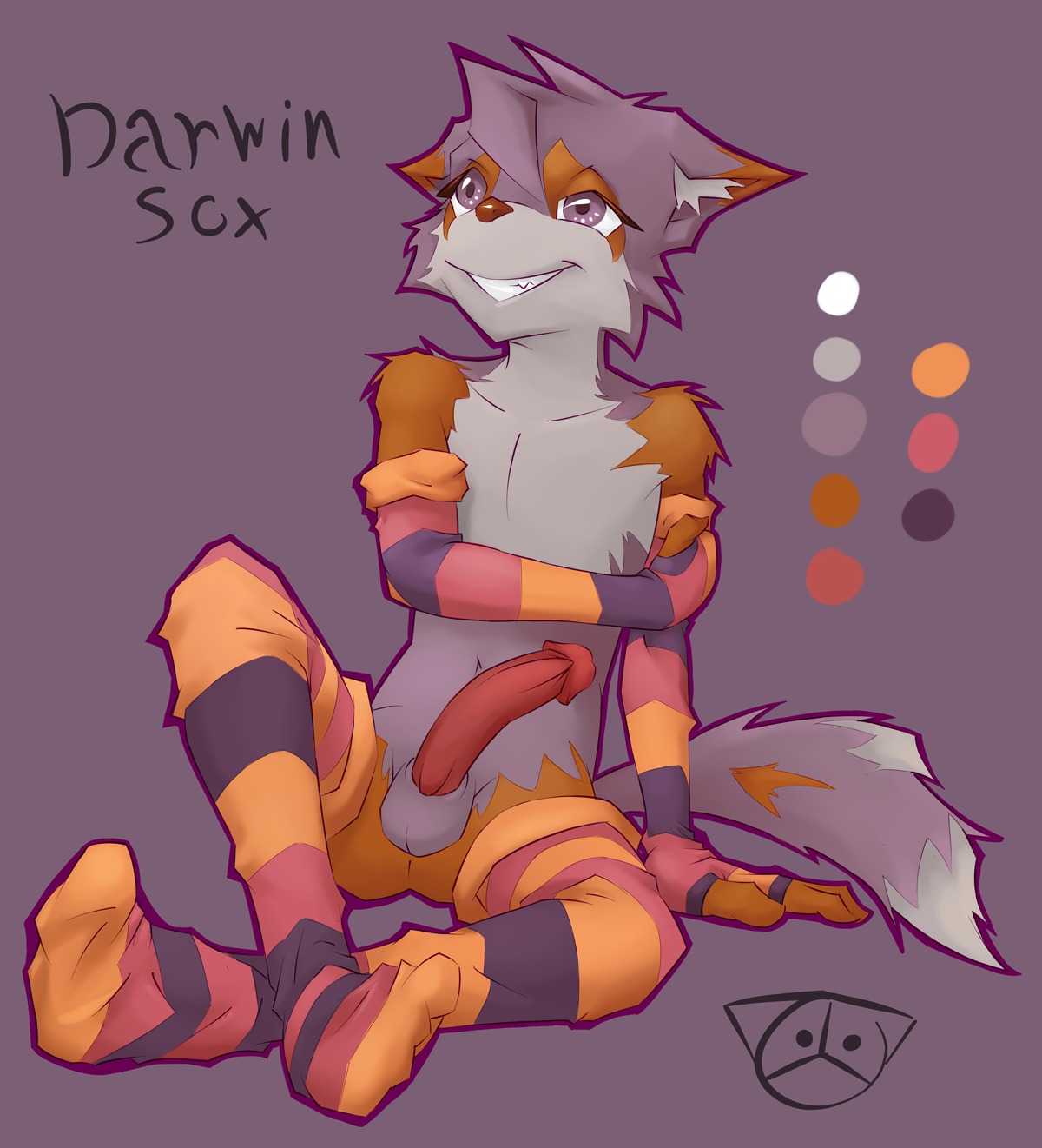 anthro armwear balls biped canid canine clothing crossed_legs digital_media_(artwork) e621 elbow_gloves erection fingerless_gloves footwear fox front_view full-length_portrait genitals gloves handwear hi_res humanoid_genitalia humanoid_penis legwear male mammal model_sheet mostly_nude oddraccoon penis portrait simple_background sitting smile socks solo tail thigh_highs