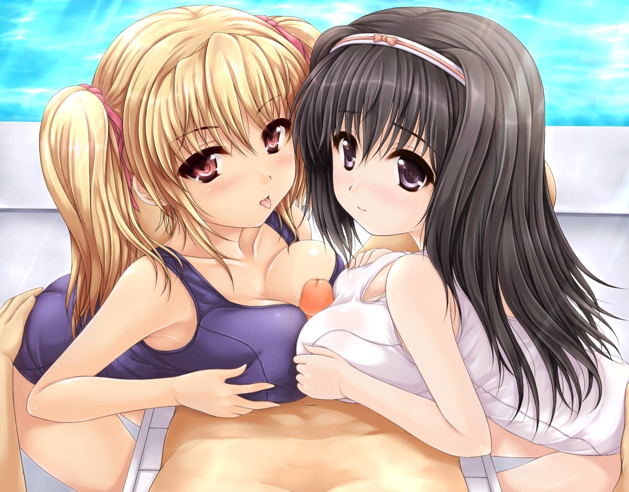 2girls :p ass ass_grab black_hair blonde_hair blush breast_press breast_rest breasts censored copyright_request double_paizuri female hair_ribbon hairband large_breasts long_hair male multiple_females multiple_paizuri one-piece_swimsuit outercourse paizuri paizuri_over_clothes penis pink_eyes pool pov purple_eyes red_eyes ribbon rule34 school_swimsuit smile straight swimsuit symmetrical_docking teamwork threesome tied_hair tongue twintails uni8 white_school_swimsuit