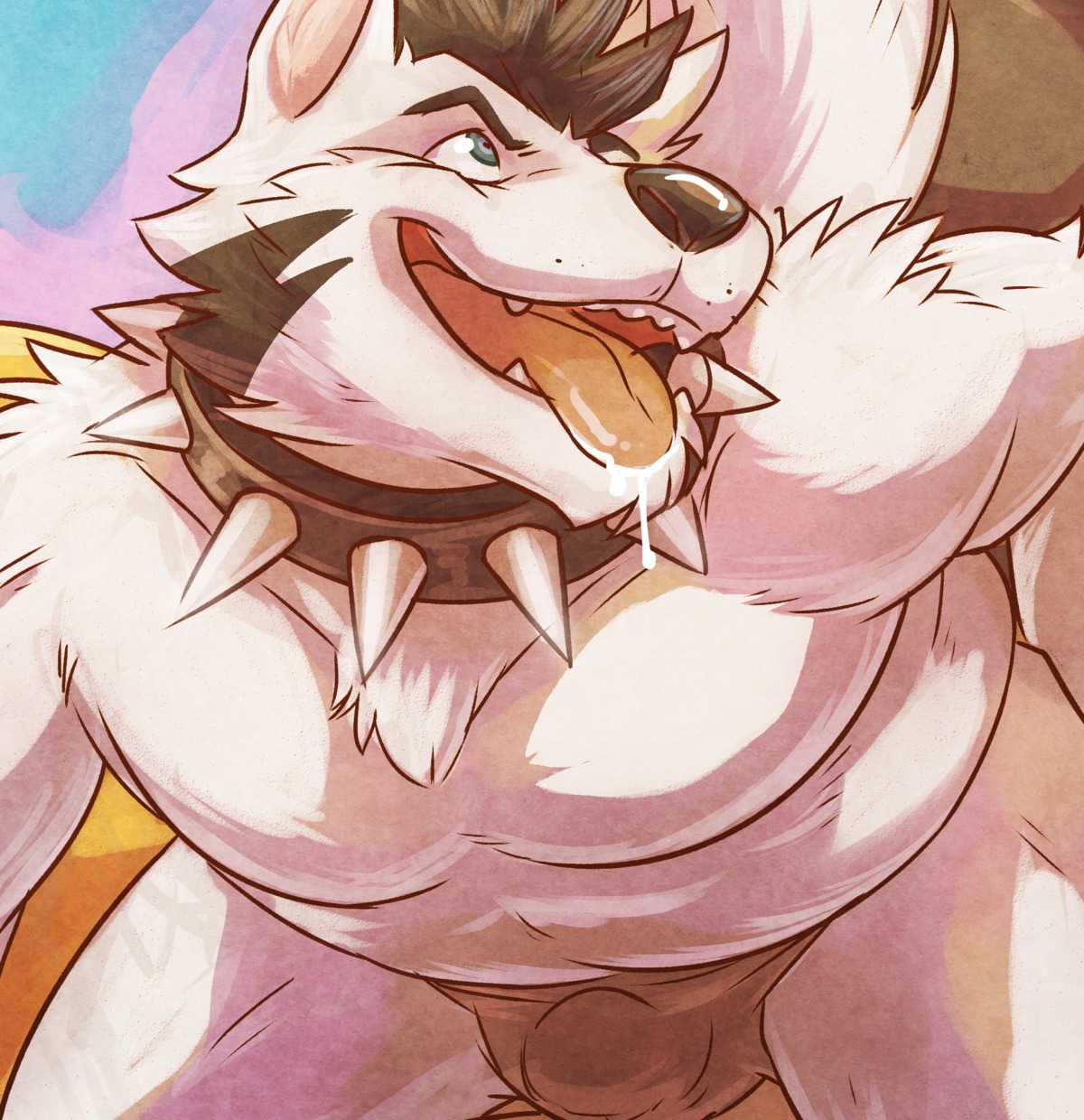 2011 anthro black_hair blue_eyes bodily_fluids bulge butt canid canine canis clothed clothing collar detailed_bulge domestic_dog drooling e621 fur genital_outline grin hair hi_res husky langdon_marston male mammal nordic_sled_dog open_mouth penis_outline pose saliva simple_background slightly_chubby smile solo speedo spiked_collar spikes spitz stripper swimwear thong tongue tongue_out underwear wfa