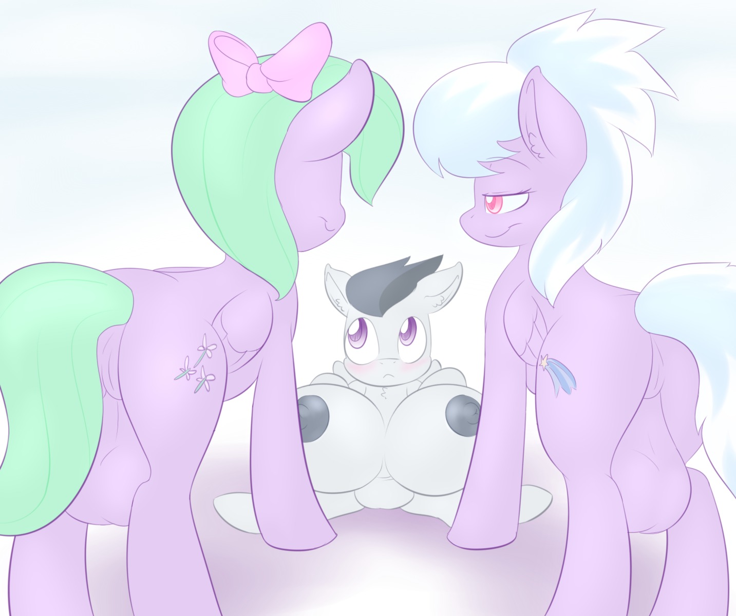 2014 anthro balls big_balls big_breasts black_hair blue_hair blush breasts butt cloud_chaser_(mlp) cutie_mark digital_media_(artwork) e621 equid equine feathered_wings feathers female flitter_(mlp) friendship_is_magic fur genitals green_hair grey_body grey_feathers group gynomorph gynomorph/female hair hasbro hi_res intersex intersex/female lamiaaaa loli mammal my_little_pony mythological_creature mythological_equine mythology nude pegasus purple_body purple_eyes purple_feathers purple_fur red_eyes rumble_(mlp) sibling_(lore) sister_(lore) teats vulva what white_body white_fur wings young young_anthro