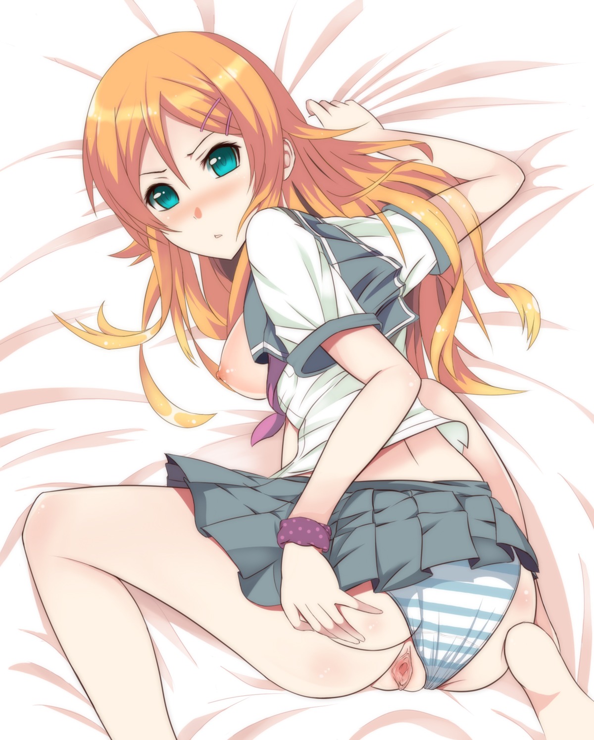 all_fours aqua_eyes ass bed blush breasts breasts_out female from_above hair_ornament high_resolution human invitation kousaka_kirino looking_at_viewer looking_back nipples open_mouth orange_hair ore_no_imouto_ga_konna_ni_kawaii_wake_ga_nai panties panties_aside pointy_chin pussy rainli rule34 school_uniform serafuku sheet_grab sideboob skirt solo spread_ass striped striped_legwear striped_panties striped_thighhighs thighhighs uncensored underwear wristband