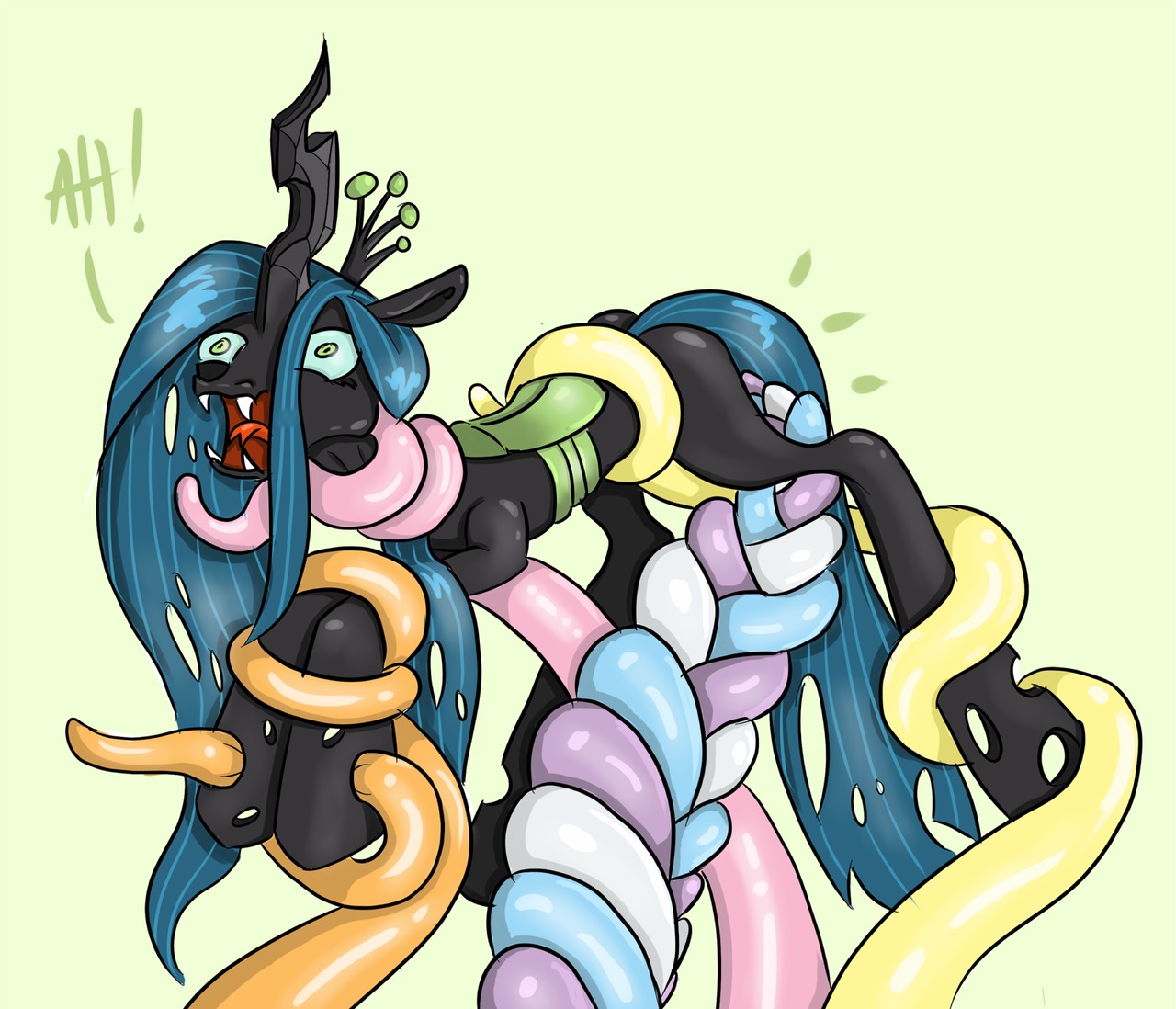 2012 arthropod changeling_(mlp) coiling cynicalmoose e621 equid fangs female feral forced forked_tongue friendship_is_magic green_eyes green_hair hair hasbro horn looking_at_viewer mammal my_little_pony penetration queen_chrysalis_(mlp) rape restrained sex solo tail teeth tentacles text tongue