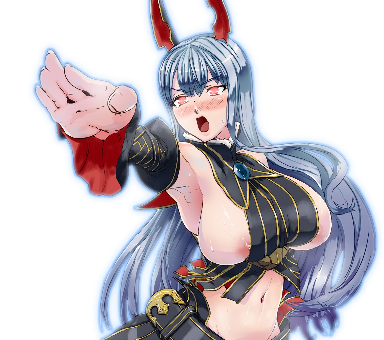 1girls aliasse_(cosplay) areolae armpits blush breasts bursting_breasts clothing cosplay female ginga_cosmo huge_breasts large_breasts long_hair navel nipple_slip nipples red_eyes rule34 selvaria_bles silver_hair solo valkyria_chronicles valkyria_chronicles_1 valkyria_chronicles_2