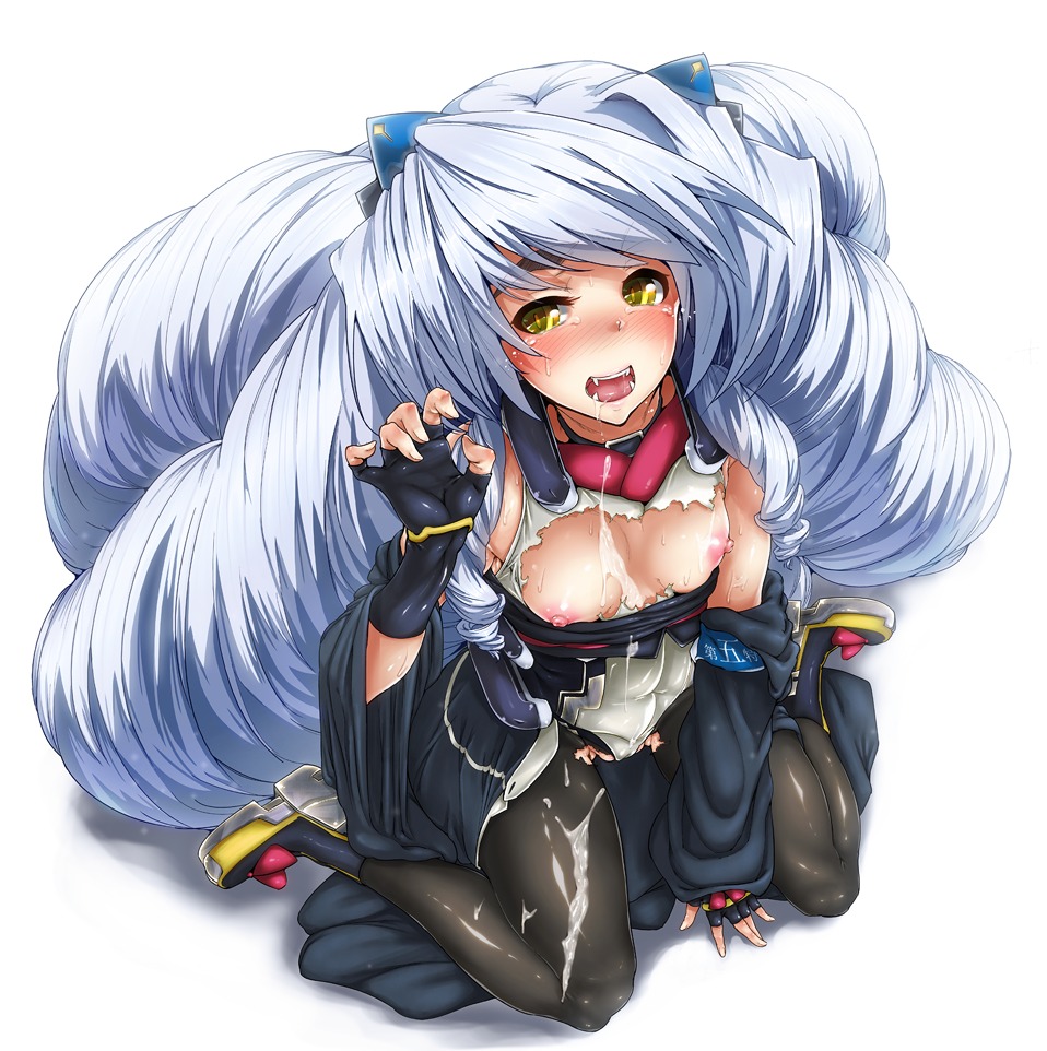 blush cum cum_on_body cum_on_upper_body drill_hair fangs female flat_chest kyoukaisenjou_no_horizon long_hair nate_mitotsudaira nipples pantyhose rule34 silver_hair sitting slit_pupils solo suzuha_suzu torn_clothes very_long_hair wariza yellow_eyes