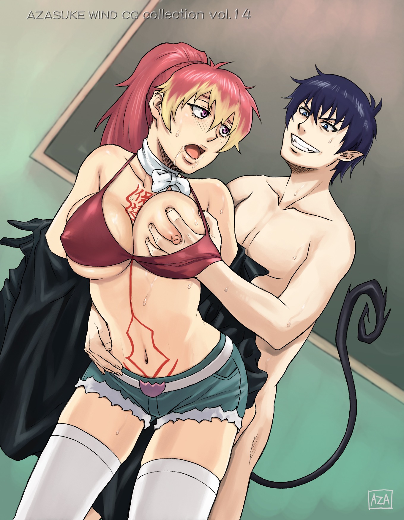 ao_no_exorcist azasuke belt bikini bikini_top blue_eyes blue_hair blush breast_grab breasts clenched_teeth female from_behind highres hot_pants jacket kirigakure_shura large_breasts long_hair multicolored_hair navel nude open_mouth ponytail purple_eyes rule34 saliva scarf sex short_hair short_shorts smile socks sweat swimsuit tail tattoo thighhighs tied_hair