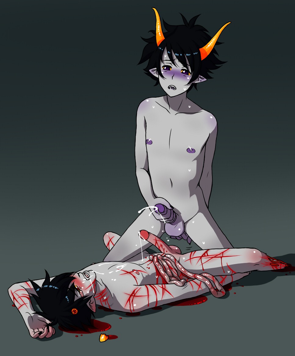 2boys abuse amputee black_hair blood blush broken_horn cum gamzee_makara gay gore grey_background grey_skin guro homestuck horns intestines karkat_vantas male masturbation ms_paint_adventures naked open_mouth penis pointy_ears purple_hair red_eyes rule34 scratches sharp_teeth short_hair troll