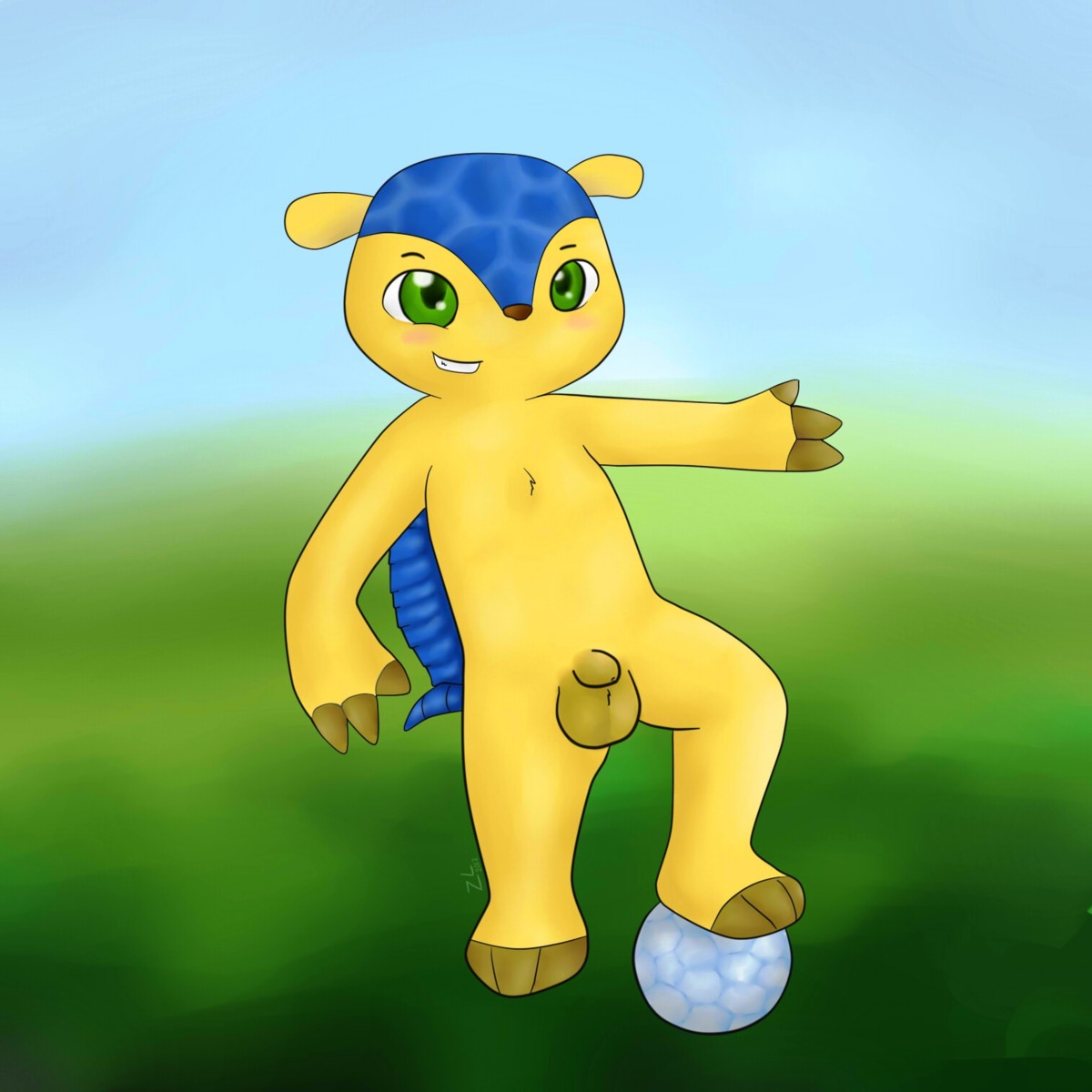 1:1 2012 anthro armadillo ball balls biped blush claws digital_media_(artwork) e621 fifa flaccid fuleco fur genitals green_eyes hair hi_res looking_at_viewer male mammal mascot nude penis simple_background small_penis smile soccer soccer_ball solo sport three-banded_armadillo xenarthran yellow_body yellow_fur young young_anthro young_male zeklullaby