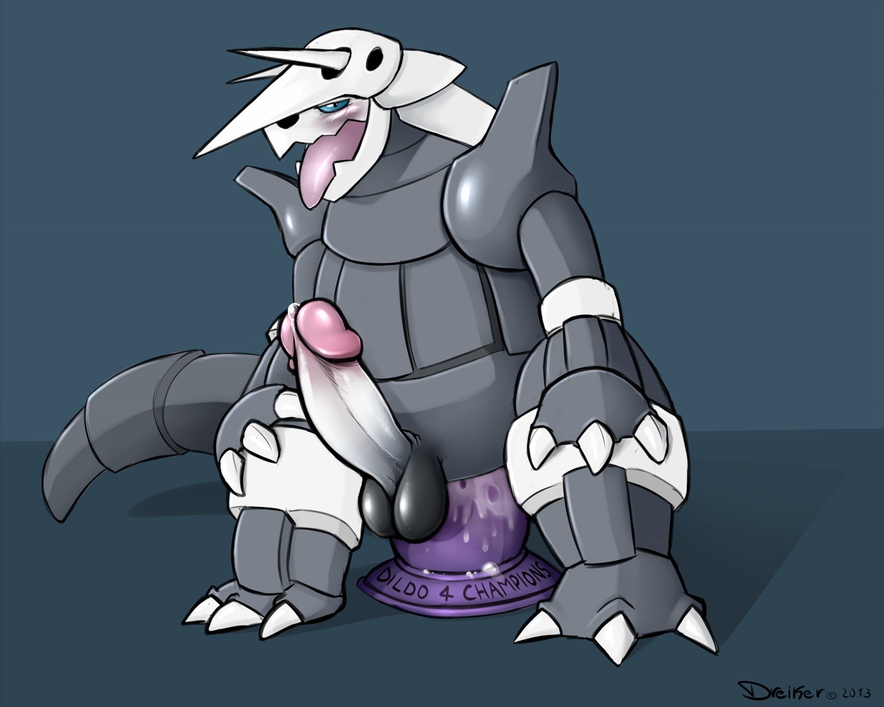 2013 5:4 aggron anal anal_masturbation anal_penetration armor balls big_dildo big_penis blue_eyes blush bodily_fluids claws cum cum_in_ass cum_inside darkened_genitalia digital_media_(artwork) dildo dildo_sitting dreiker e621 erection feral generation_3_pokemon genital_fluids genitals horn huge_dildo humanoid_genitalia humanoid_genitalia_on_feral humanoid_penis humanoid_penis_on_feral large_penetration looking_at_viewer male masturbation nintendo open_mouth penetration penis pokemon pokemon_(species) precum ridiculous_fit sex_toy simple_background solo tail tongue tongue_out