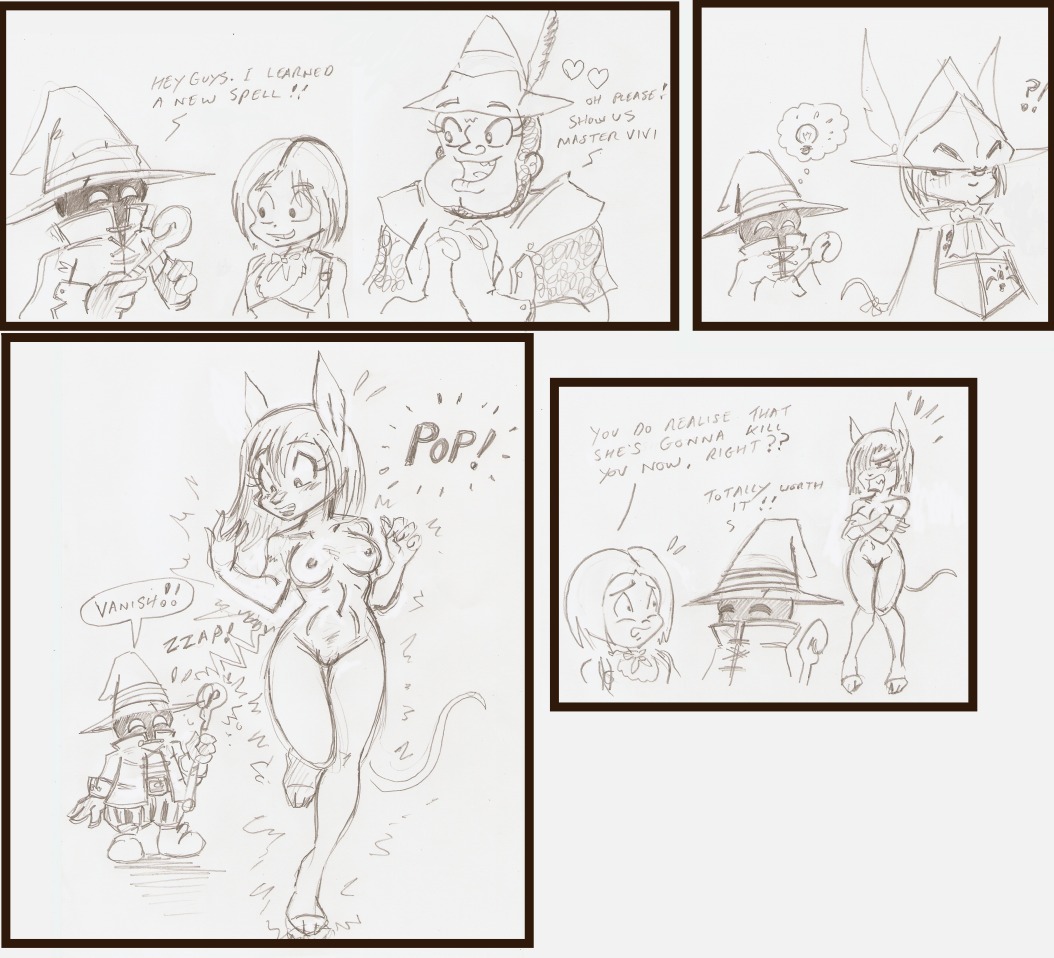 adelbert_steiner angry anthro armor black_mage_(final_fantasy) breasts burmecian clothing comic covering covering_self e621 english_text exposed female final_fantasy final_fantasy_ix freya_crescent genitals genome_(final_fantasy) greyscale group heart_symbol human humanoid light_bulb magic male mammal monochrome neoneko nipples nude rodent sketch square_enix tail text vivi_ornitier vulva wardrobe_malfunction zidane_tribal