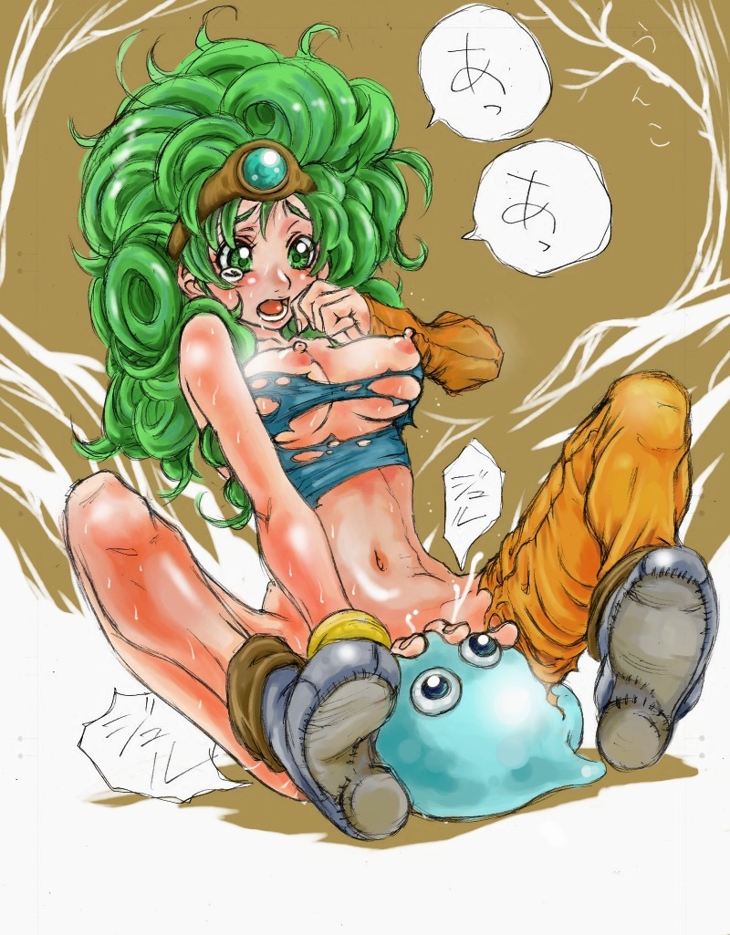 breasts clothing dragon_quest dragon_quest_iv female green_eyes green_hair heroine heroine_(dq4) japanese_text navel nipples open_mouth pussy pussy_juice rule34 slime slime_(dragon_quest) slime_monster small_breasts tears torn_clothes