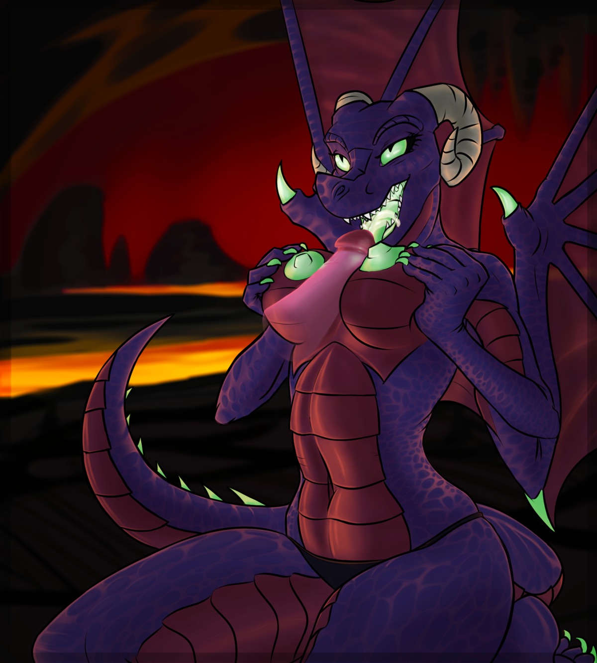 anthro big_breasts bodily_fluids breast_play breasts cave clothed clothing cum cum_in_mouth cum_inside curvy_figure digital_media_(artwork) disembodied_penis dragon duo e621 erection fellatio female genital_fluids genitals glowing glowing_nipples glowing_tongue green_eyes green_nipples hi_res horn hourglass_figure humanoid_genitalia humanoid_penis kneeling lava licking male male/female membrane_(anatomy) membranous_wings mythological_creature mythological_scalie mythology nails nipples oral panties panties_only penile penis penis_lick retro_parasite scalie sex sharp_teeth small_waist spikes tail teeth titfuck tongue tongue_out topless underwear underwear_only wings