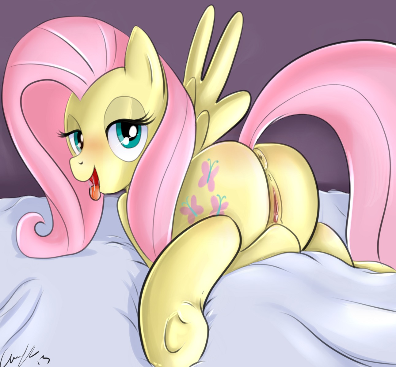 2013 anus bedroom_eyes blush bodily_fluids body_blush butt butt_blush cutie_mark digital_media_(artwork) e621 equid equine feathered_wings feathers female feral fluttershy_(mlp) friendship_is_magic fur genitals glistening_eyelids green_eyes hair half-closed_eyes hasbro hi_res lidded_eyes long_hair looking_at_viewer looking_back lying mammal matimus91 my_little_pony mythological_creature mythological_equine mythology narrowed_eyes on_front open_mouth pegasus pink_hair presenting presenting_hindquarters saliva seductive shaded solo vulva wings yellow_body yellow_feathers yellow_fur