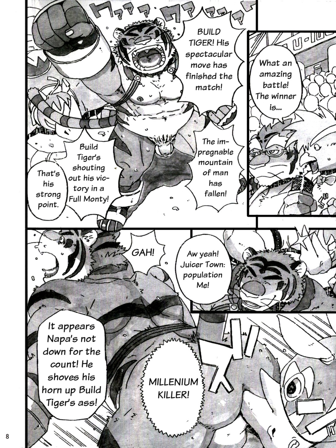anal anal_sex anthro black_and_white build_tiger buttertoast feline fur furry gamma-g gay horn male manga_page monochrome object_insertion penetration penis rhino rule34 speech_bubble text tiger unexpected_penetration