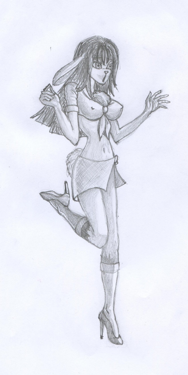absurd_res anthro armwear bottomwear clothed clothing e621 elbow_gloves female footwear fur gloves greyscale hair handwear hi_res high_heels karca lagomorph leg_markings leporid mammal markings midriff miniskirt monochrome navel nipple_outline rabbit scut_tail shoes short_tail sketch skirt socks_(marking) solo tail tail_over_skirt