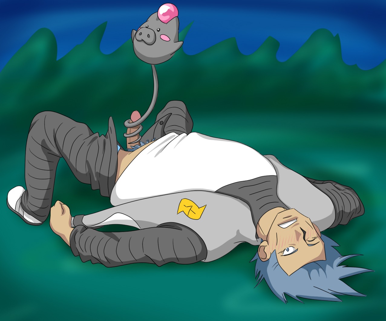 clothes color cyrus_(pokemon) feral furry human interspecies lying male male_focus male_only night nude on_back outdoors penis pokemon pokemon_focus pokephilia rule34 size_difference spoink tagme tailjob
