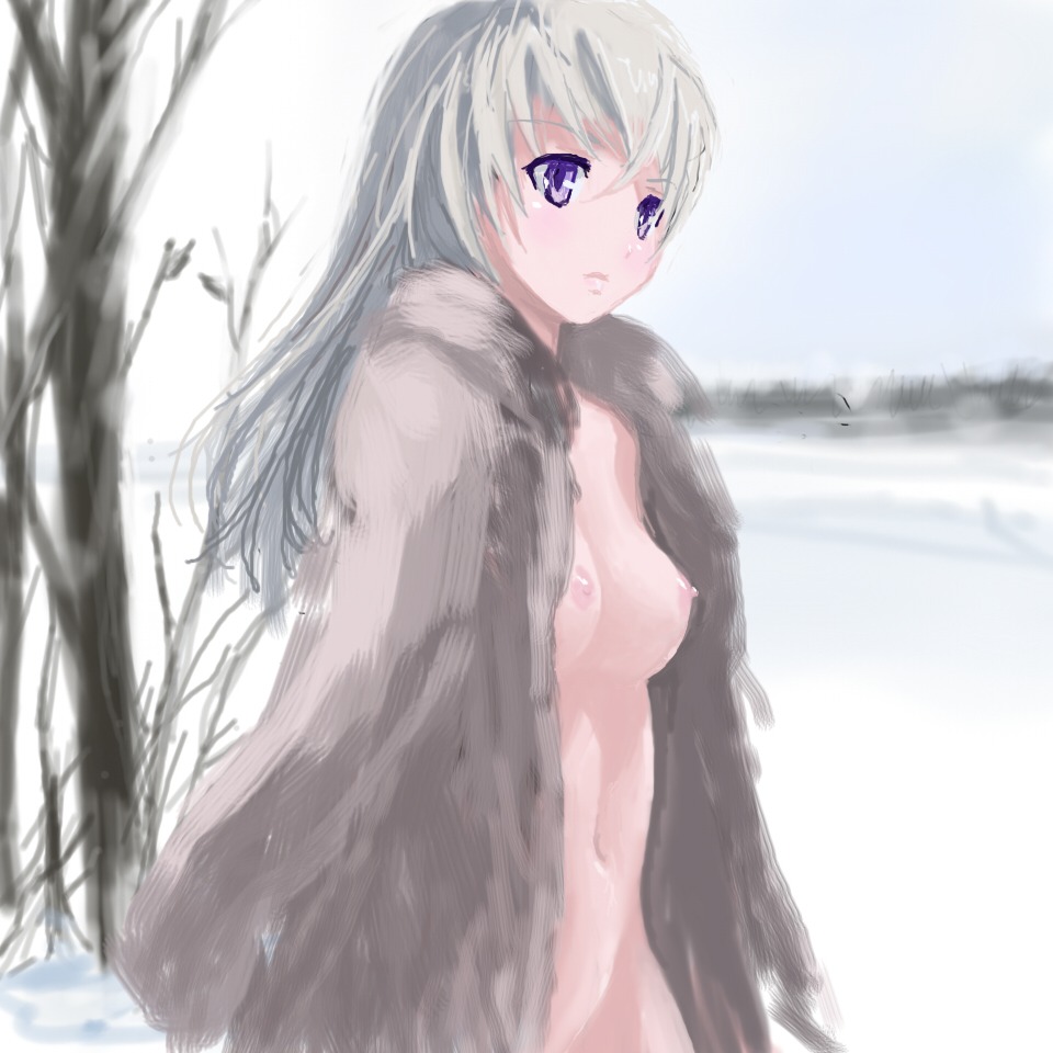 blush breasts clothing coat cold dead_tree drawing eila_ilmatar_juutilainen exhibitionism female fur_coat long_hair midriff navel nipples nude nude_female open_clothes open_shirt painted_background purple_eyes rough_sketch rule34 shikkaku shirt small_breasts snow snowing strike_witches white_hair winter world_witches_series