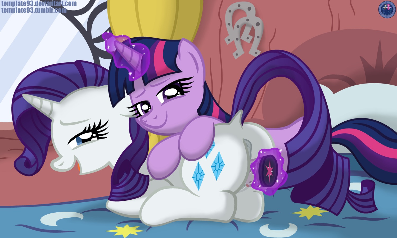 2013 5:3 absurd_res bed blue_eyes cutie_mark duo e621 english_text equid equine female female/female feral friendship_is_magic fur furniture hair hasbro hi_res horn inside lying mammal multicolored_hair my_little_pony mythological_creature mythological_equine mythology on_front penetration purple_body purple_eyes purple_fur purple_hair rarity_(mlp) sex_toy template93 text twilight_sparkle_(mlp) two_tone_hair unicorn vaginal white_body white_fur