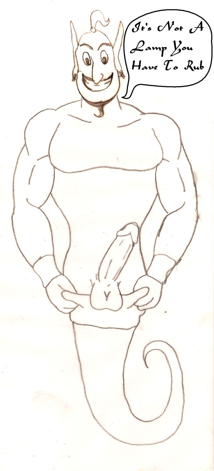 1boy aladdin balls disney erection genie genie_(aladdin) male male_only monochrome penis rough_sketch rule34 solo tagme testicles
