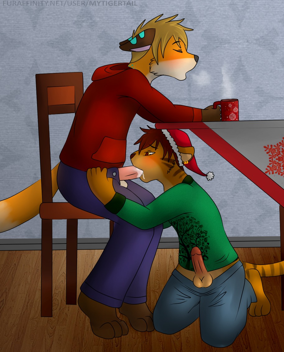 3_toes 5_fingers anthro balls barefoot beverage black_nose blonde_hair blue_body blue_fur blush bodily_fluids bottomwear brown_body brown_fur brown_hair brown_nose button_(fastener) canid canine chair christmas clothed clothing container countershading cum cum_in_mouth cum_inside cum_on_face cum_on_penis cup detailed_background digital_media_(artwork) duo e621 ear_piercing erection eyes_closed feet felid fellatio fingers food fox fur furniture gabe_(mytigertail) genital_fluids genitals glistening grasp hair hat headgear headwear holding_container holding_cup holding_object holidays inside kitchen kneeling lan_(zeta-haru) male male/male male_penetrated male_penetrating male_penetrating_male mammal mytigertail narrowed_eyes on_ground open_bottomwear open_clothing open_mouth open_pants oral oral_penetration orange_body orange_eyes orange_fur orgasm pantherine pants partially_clothed penetration penile penis penis_poking_out piercing pink_penis plant raised_arm sex shadow shirt short_hair sitting squint sweater table tan_body tan_fur tiger toes topwear tree under_table wood yellow_eyes
