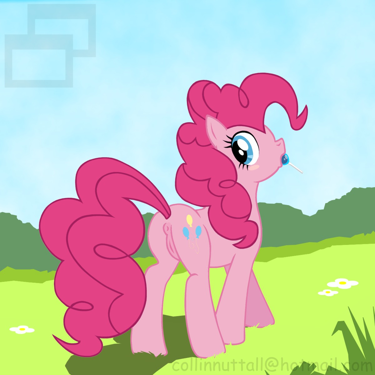 1:1 2011 anus blue_eyes blush butt candy cloud colored_outline cutie_mark dessert digital_media_(artwork) e621 earth_pony equid equine eyelashes female feral food friendship_is_magic fur genitals grass hair hasbro hi_res horse lollipop looking_back mammal mouth_hold my_little_pony outside pink_body pink_fur pink_hair pinkie_pie_(mlp) plant pony quadruped signature sky slushy solo tail tail_anus vulva watermark