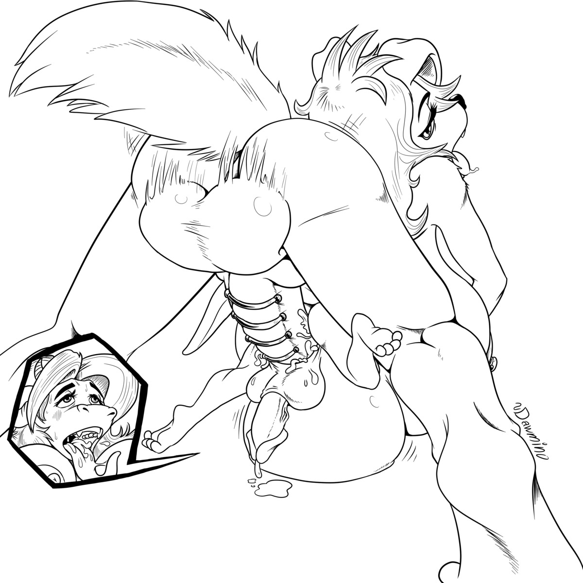 1:1 absurd_res anal anal_penetration anthro areola backsack balls big_balls big_breasts big_penis black_and_white bodily_fluids breasts butt canid canine canis cum cum_inflation cum_inside dawmino digital_drawing_(artwork) digital_media_(artwork) domestic_dog duo e621 erection excessive_cum excessive_genital_fluids frenum_ladder frenum_piercing fur genital_fluids genital_piercing genitals gynomorph hair hi_res huge_breasts huge_penetration huge_penis humanoid_genitalia humanoid_penis hyper hyper_breasts hyper_genitalia hyper_penis inflation intersex knot ladder_piercing long_hair long_tongue mammal monochrome myrilla nipple_piercing nipples nude open_mouth penetration penile penile_penetration penis penis_piercing penis_size_difference piercing plantigrade sex simple_background size_difference size_play smaller_penetrated tongue tongue_out vein white_background
