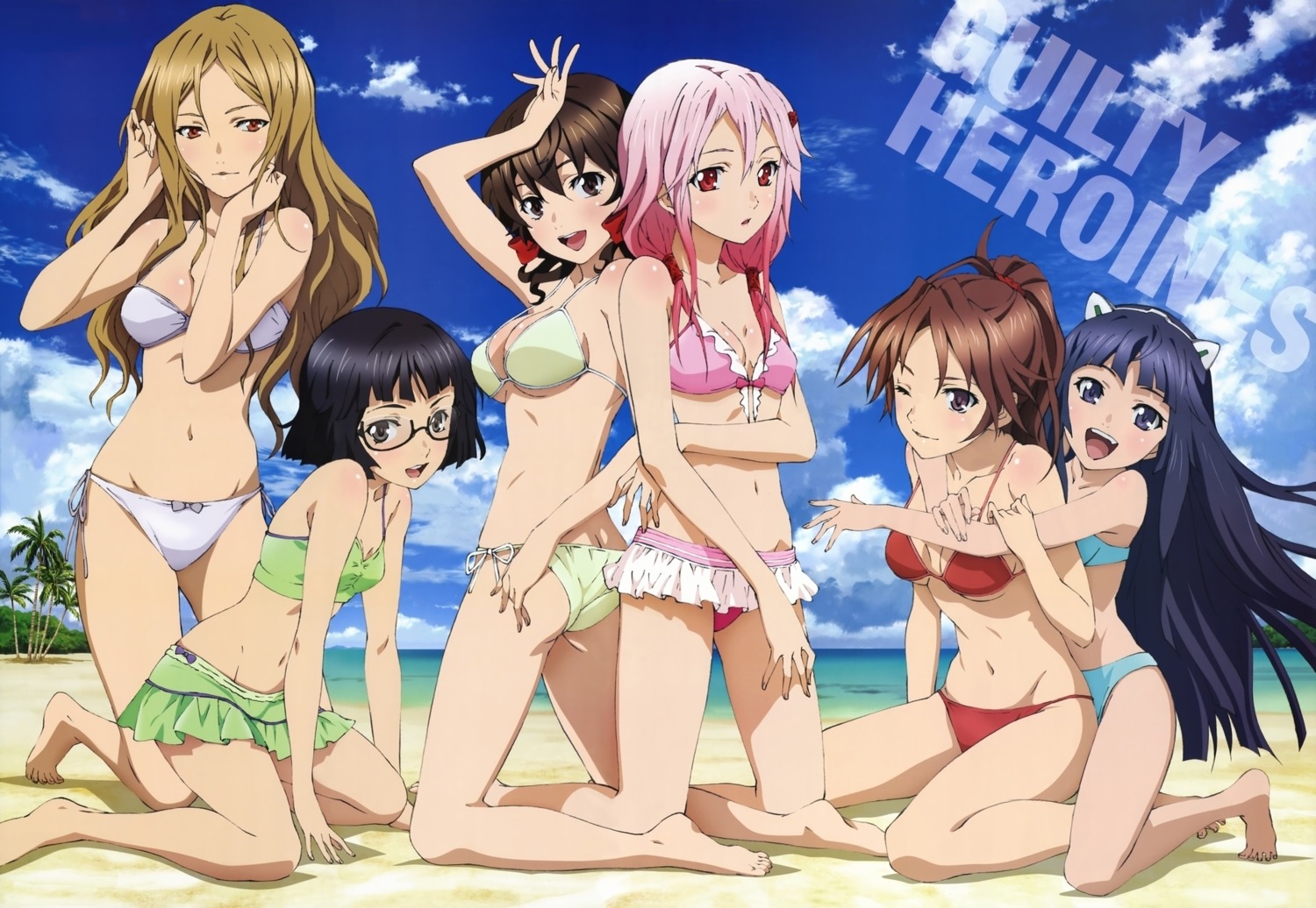beach bikini black_hair blonde_hair brown_hair cat_ears clothed female girly glasses guilty_crown kuhouin_arisa kusama_kanon menjou_hare pink_hair rule34 shinomiya_ayase tagme tsugumi_(guilty_crown) yuzuriha_inori