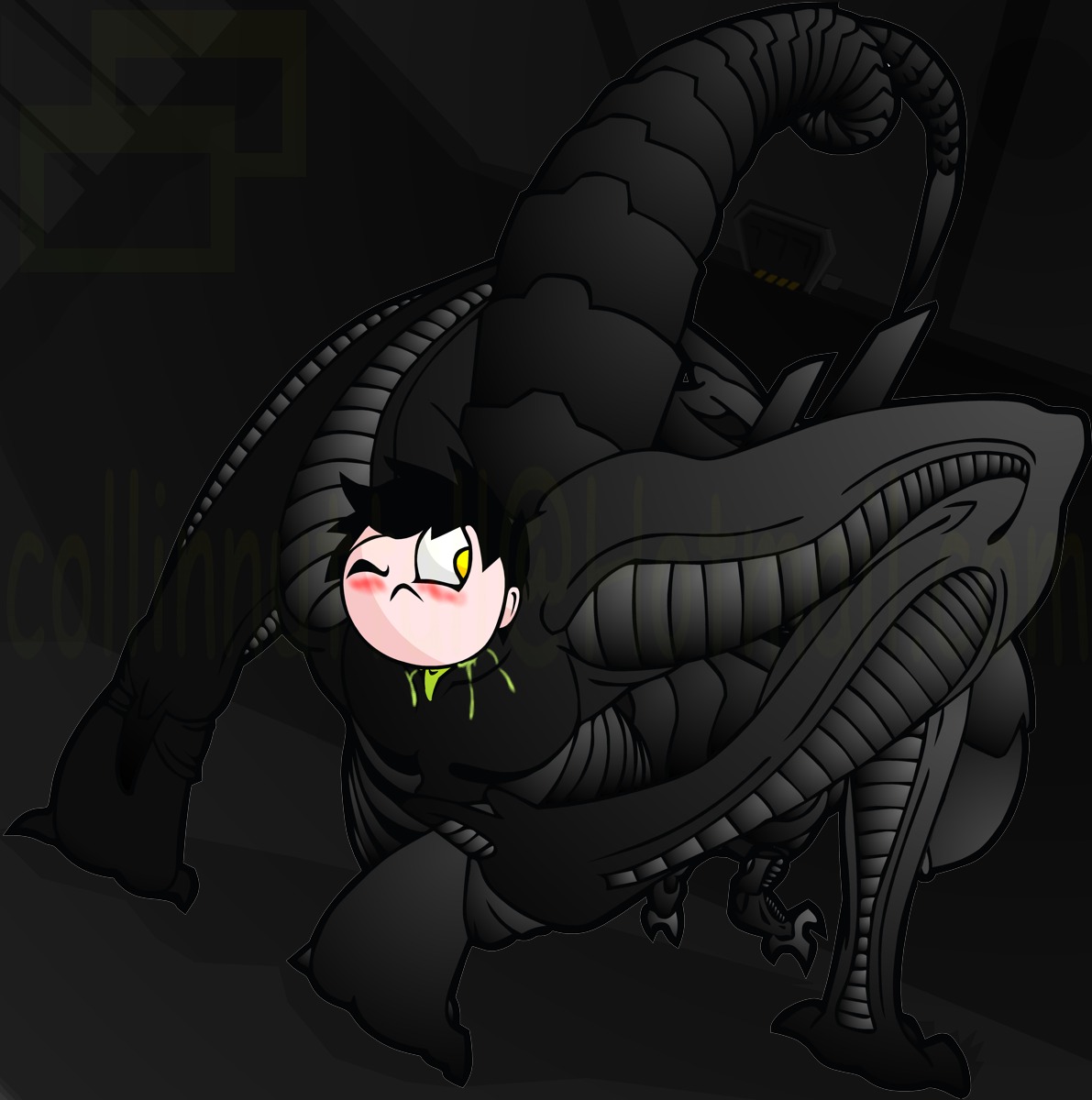 2010 alien alien_(franchise) bodily_fluids dark_theme duo e621 eyeless feet_first female genital_fluids genitals hi_res human male male/female mammal size_difference slushy tail unbirthing vaginal vaginal_fluids vaginal_head_gulp vore vulva watermark willing_prey xenomorph