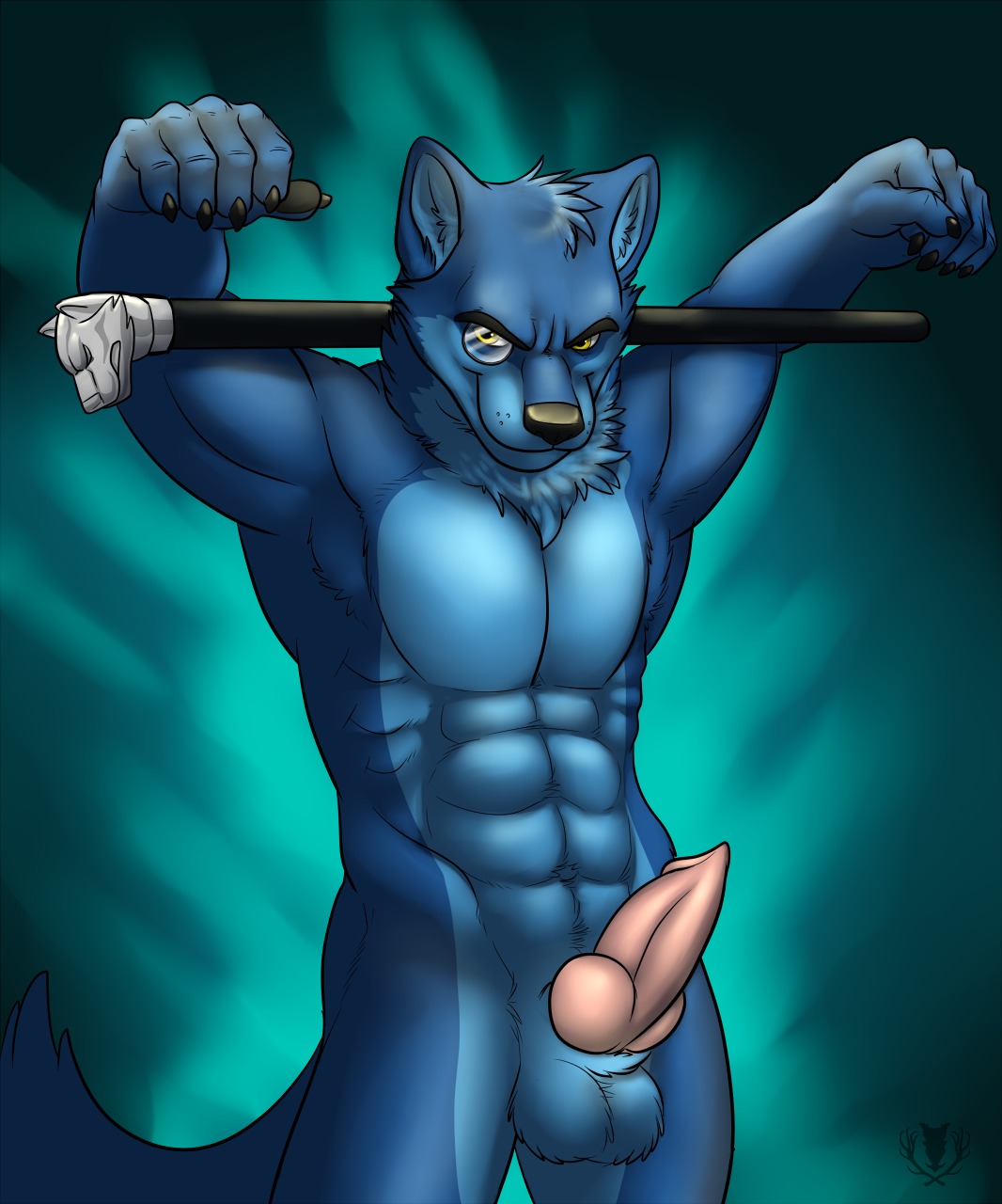 2013 5_fingers abs animal_genitalia animal_penis anthro armpit_hair athletic balls biceps big_muscles biped black_nose blue_body blue_fur body_hair cane canid canine canine_genitalia canine_penis canis claws digital_media_(artwork) e621 erection eyewear fingers flexing front_view fur genitals grin hi_res knot looking_at_viewer male mammal monocle muscular muscular_anthro muscular_male nude pecs penis pinup portrait pose presenting sheath smile solo standing tail three-quarter_portrait trivol vallhound wolf yellow_eyes