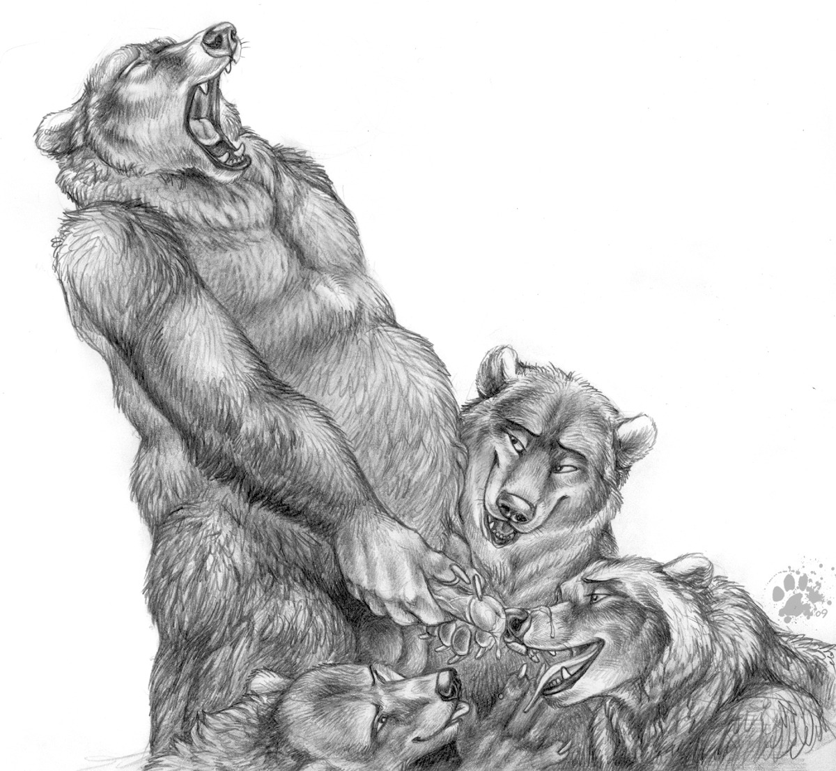 2009 ambiguous_gender animal_genitalia animal_penis anthro balls bear blotch bodily_fluids cum cum_on_face e621 erection foursome genital_fluids genitals greyscale group group_sex happy happy_sex licking looking_pleasured male male/ambiguous mammal masturbation monochrome open_mouth oral orgasm orgasm_face overweight penile penile_masturbation penis scratches_volume_3 sex slightly_chubby smile tongue tongue_out traditional_media_(artwork) ursine_penis
