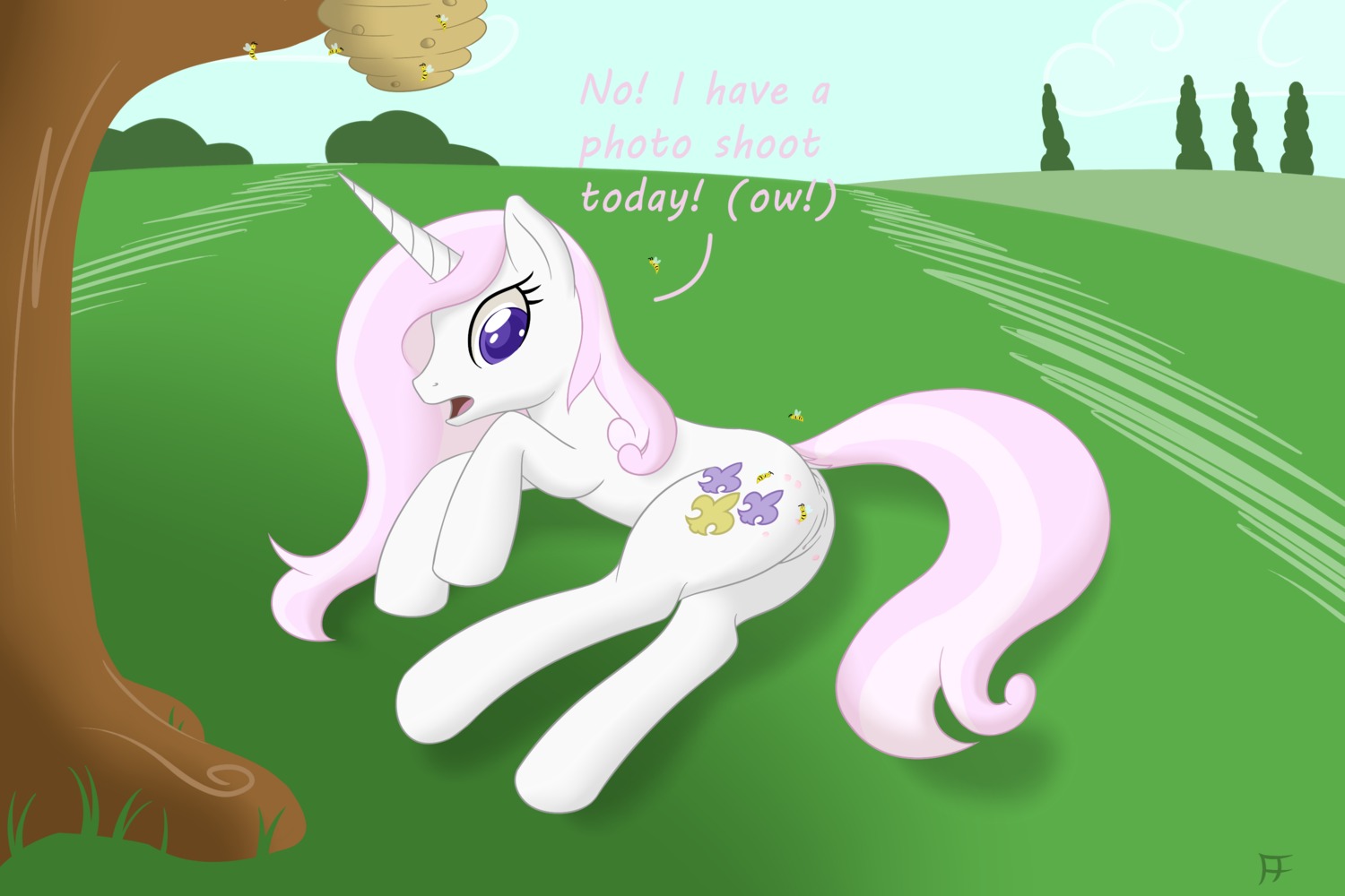 2012 3:2 anus arthropod bee bee_sting butt cutie_mark e621 equid equine female feral fleur_de_lis_(mlp) friendship_is_magic genitals hair hasbro hi_res horn hymenopteran insect long_hair mammal my_little_pony mythological_creature mythological_equine mythology pain quadruped solo tail unicorn unknown_artist vulva