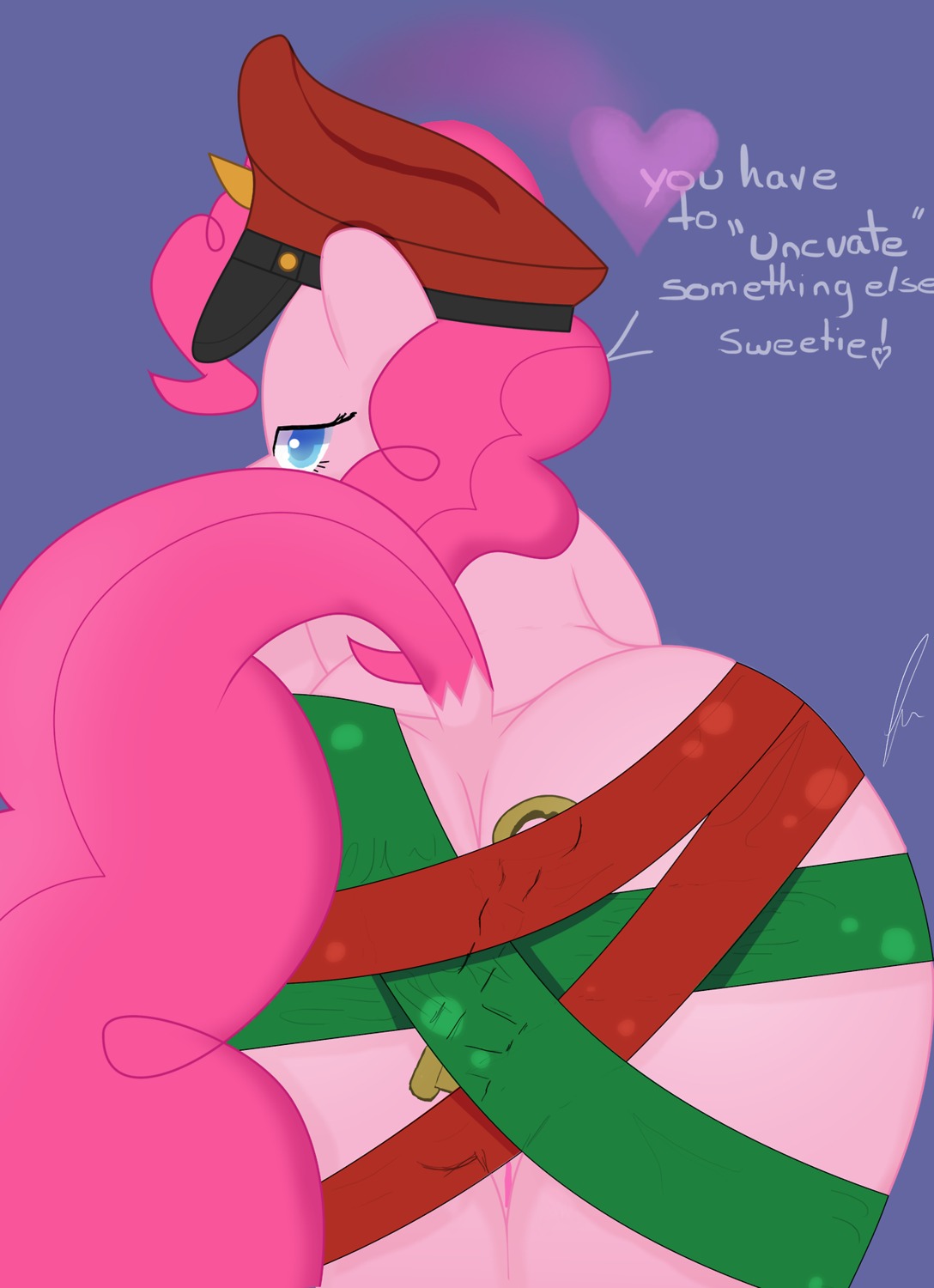 2013 blue_eyes butt clothing crossover dialogue e621 earth_pony english_text equid equine female friendship_is_magic fur genitals hair hasbro hat headgear headwear heart_symbol hi_res horse kernhd key looking_at_viewer looking_back mammal my_little_pony pink_body pink_fur pink_hair pinkie_pie_(mlp) pony solo team_fortress_2 text valve valve_corporation vulva