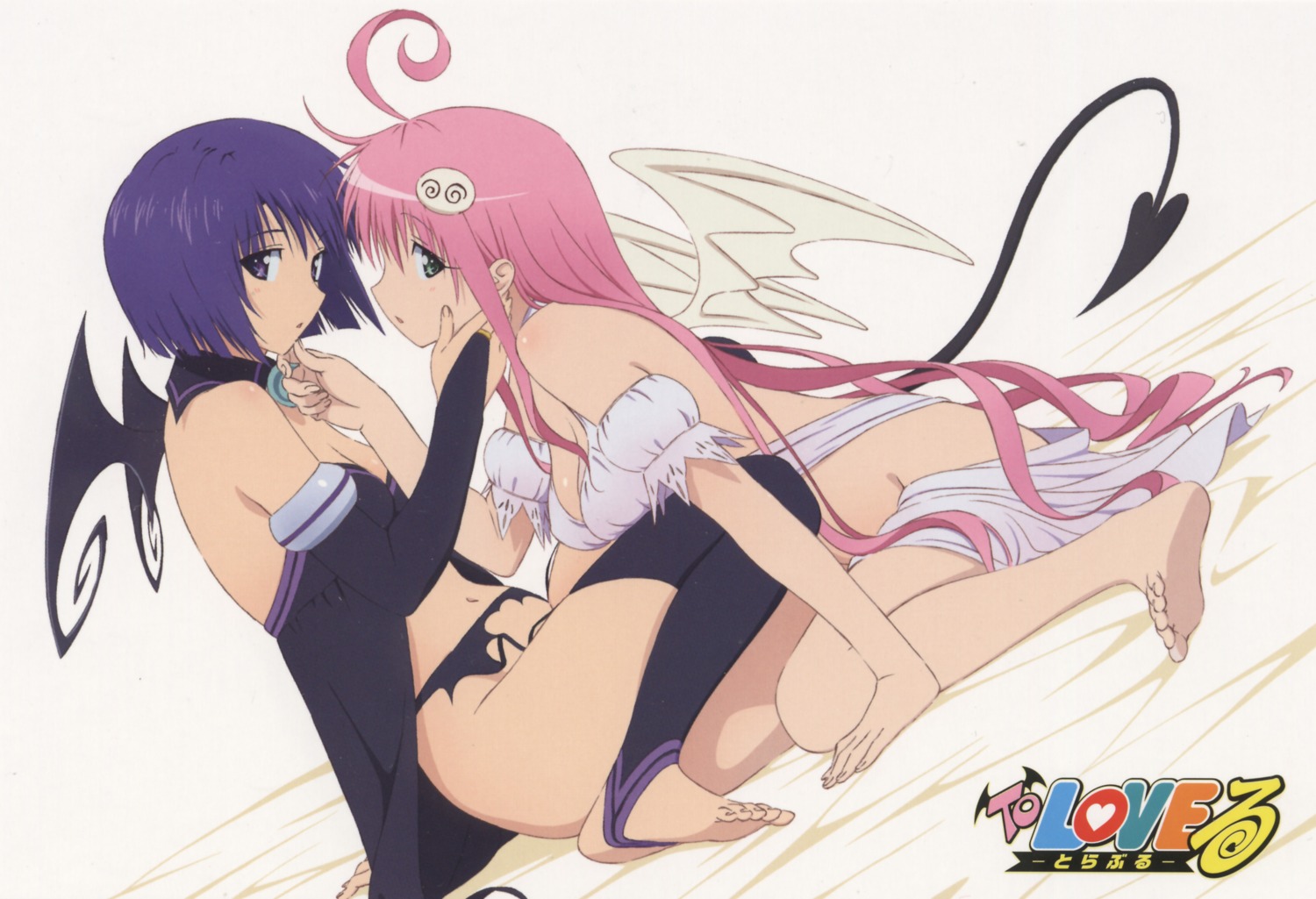 cleavage clothing female garter_belt lala_satalin_deviluke multiple_females multiple_girls nopan rule34 sairenji_haruna scanning_dust screening stockings thighhighs to_love-ru wings yabuki_kentarou yuri