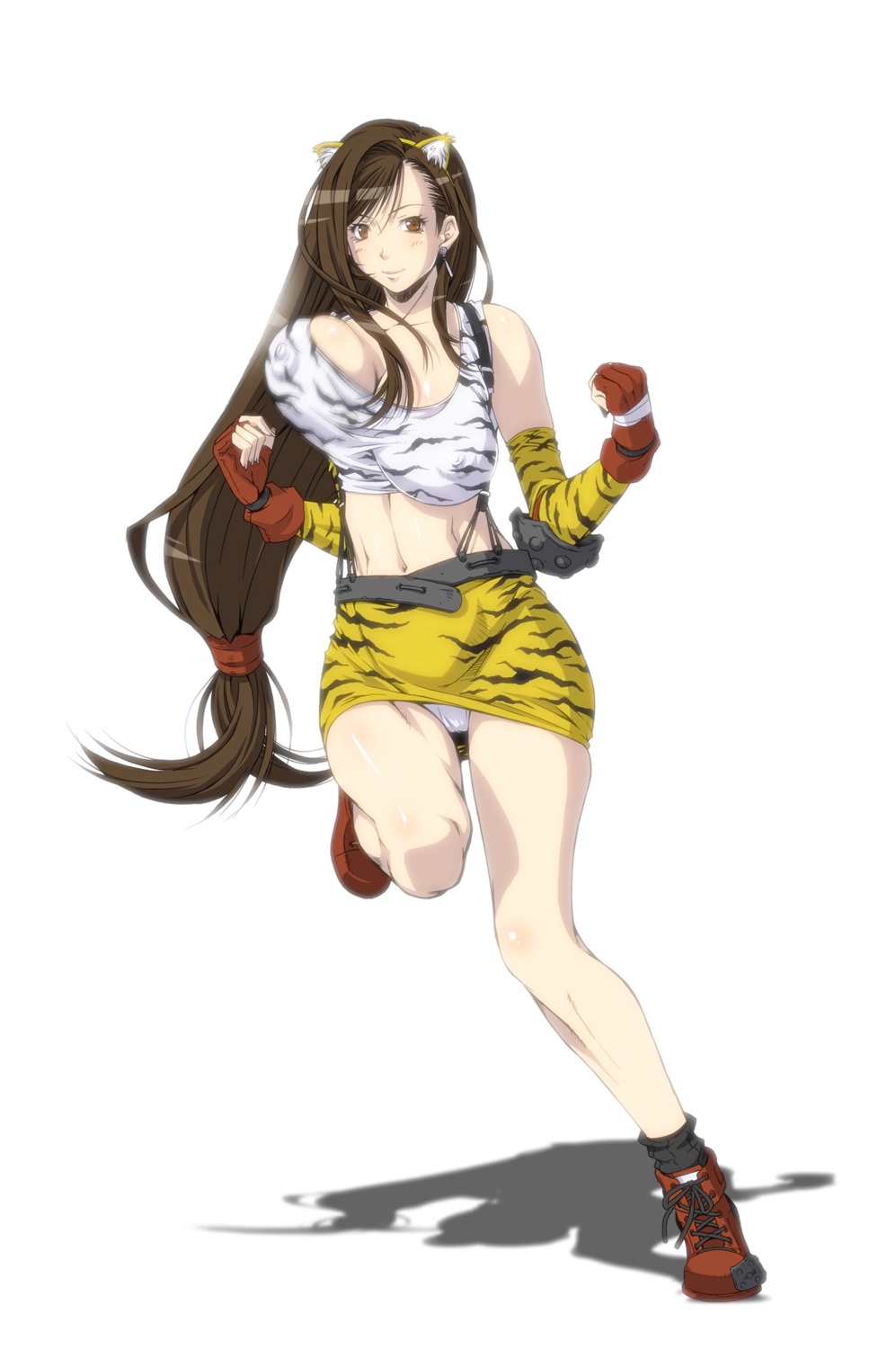 animal_ears bare_shoulders belt boots bouncing_breasts breasts brown_hair clothes earrings elbow_gloves erect_nipples female female_only final_fantasy final_fantasy_vii fingerless_gloves footwear fumizuki_misoka gloves hair highres human jewelry large_breasts long_hair midriff nipples panties pantyshot rule34 skirt smooth_skin solo suspenders tank_top tifa_lockhart tiger_ears tiger_print underwear upskirt white_panties
