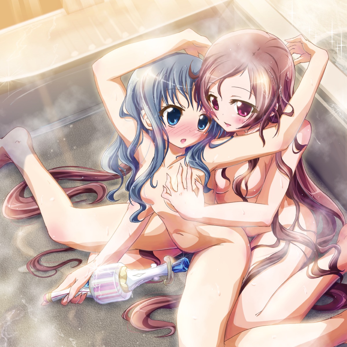 bath blue_eyes blue_hair blush breast_grab breasts erika_kurumi female heartcatch_precure! heartcatch_pretty_cure! highres ikatomo inoshishi_(ikatomo) multiple_females multiple_girls nude pink_eyes pink_hair precure pretty_cure rule34 small_breasts tsubomi_hanasaki wand yuri