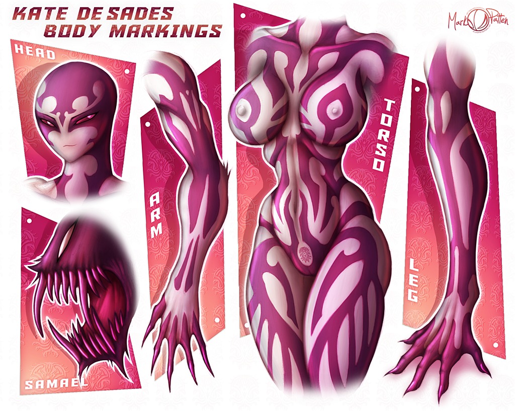 5_fingers 5_toes alien bald breasts e621 english_text feet female fingers genitals half-closed_eyes humanoid mark_patten markings multicolored_body narrowed_eyes nipples not_furry nude open_mouth purple_body red_eyes red_sclera sharp_teeth small_mouth small_waist smile solo teeth text toes two_tone_body vulva white_body