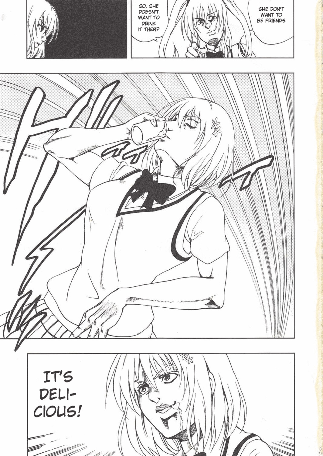 clothing comic drinking_urine female fetish jojo_reference manga manga_page manga_style momo_velia_deviluke monochrome nana_asta_deviluke parody peeing peeing_in_cup rule34 school_uniform tail text tied_hair to_love-ru to_love-ru_darkness translated tsunken twins twintails unknown urination urine urine_in_container
