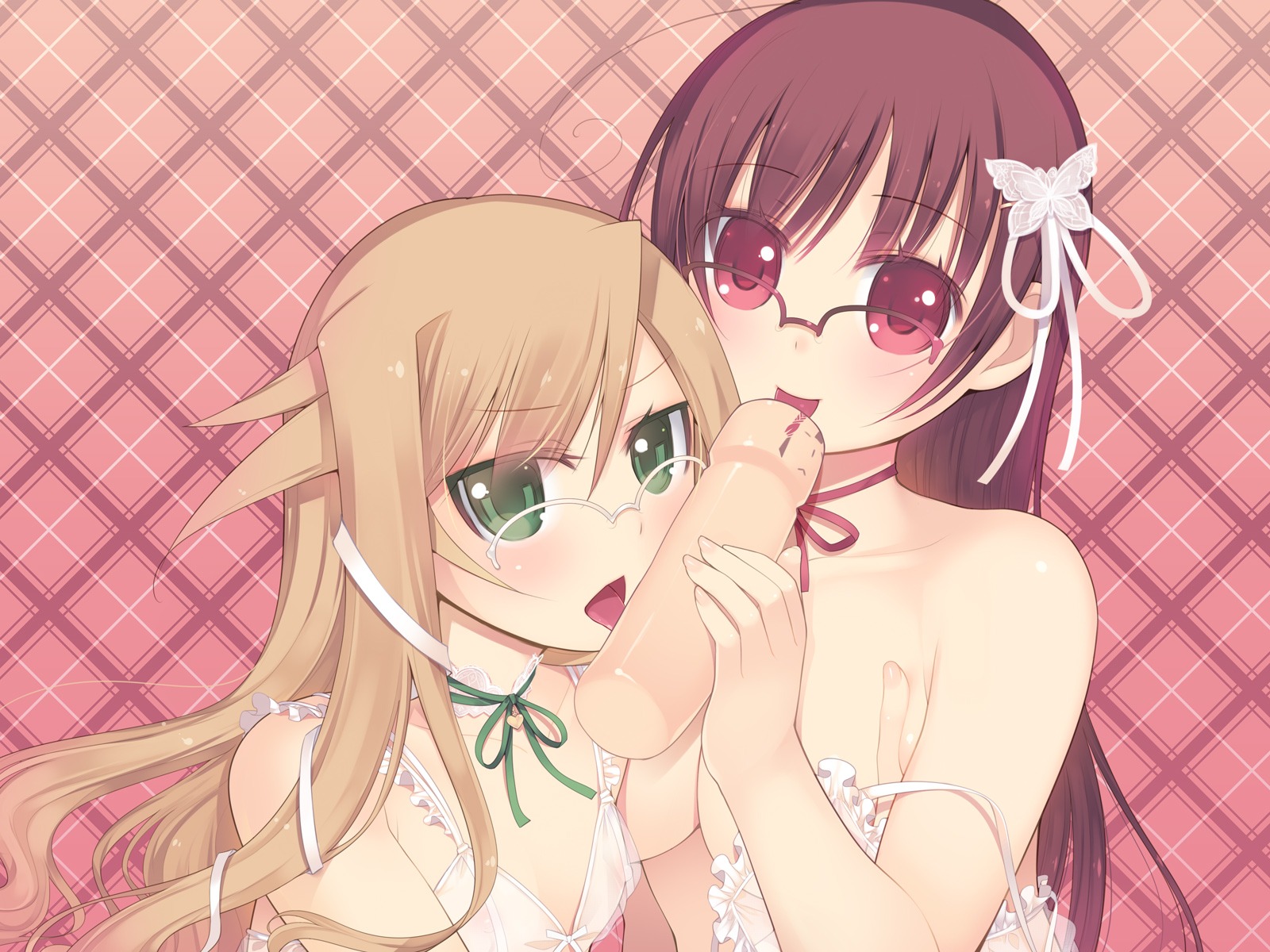 2girls arima_senka arima_senne female female_only glasses highres human kashiwamochi_yomogi looking_at_viewer multiple_females multiple_girls no_visible_genitalia open_mouth oral original rule34 sexually_suggestive siblings sisters straight_hair
