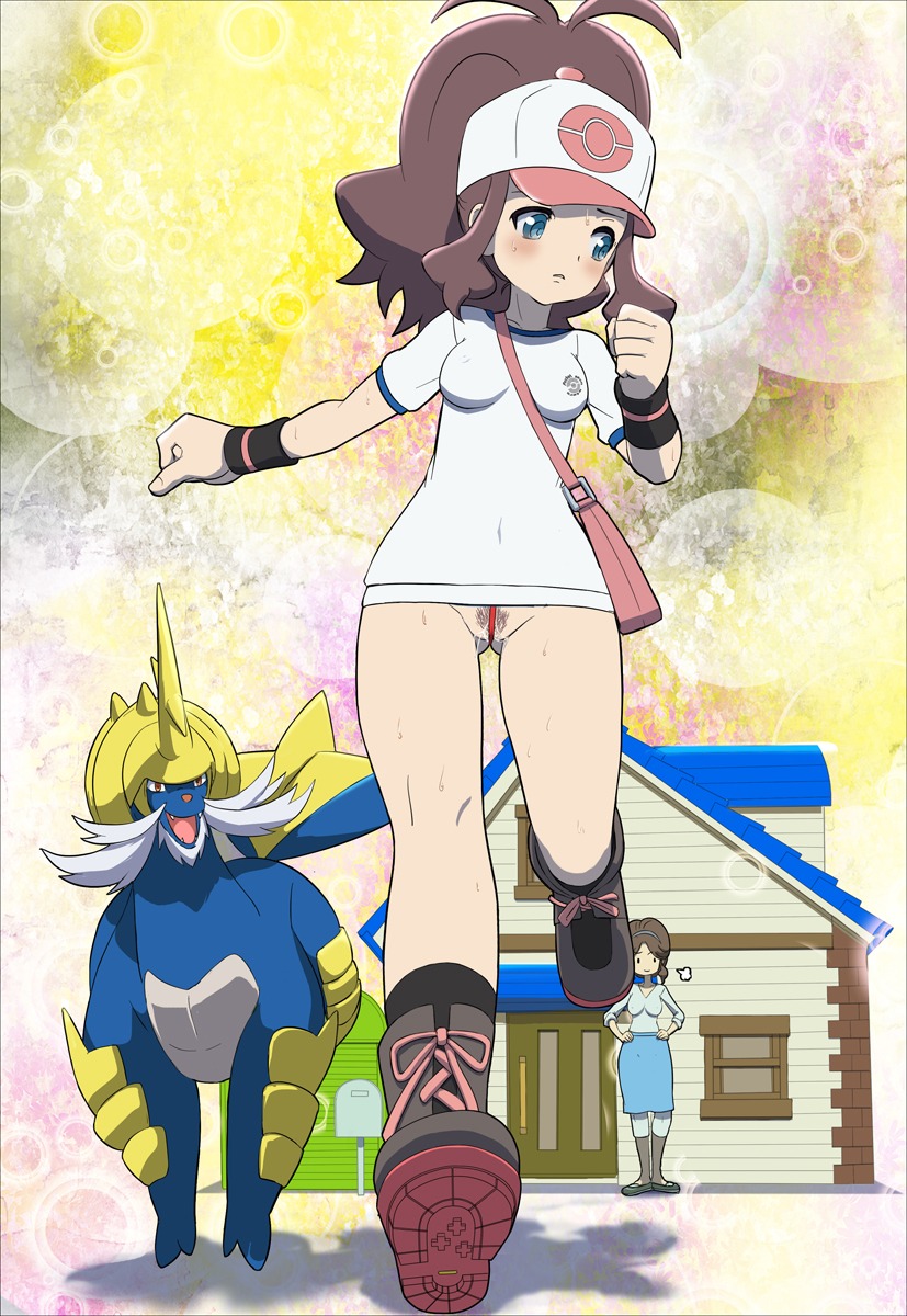 baseball_cap bee blue_eyes blush bondage bottomless breasts brown_hair buruma female frown hat highres hilda_(pokemon) human innie_pussy long_hair looking_back makoto_daikichi milf mother mother_(pokemon_bw) nintendo open_mouth pokemon pokemon_bw ponytail pubic_hair pussy pussy_juice rule34 running samurott sweat tied_hair uncensored