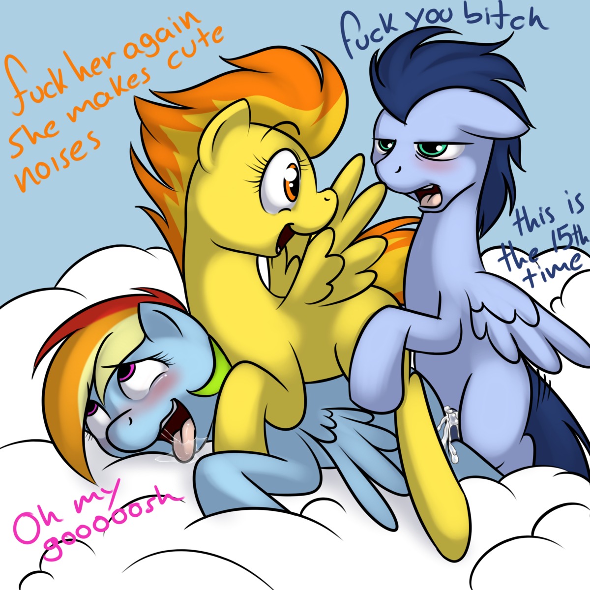 1:1 2011 ahegao amber_eyes blue_body blue_eyes blue_feathers blue_fur blue_hair blush bodily_fluids cum cum_inside dialogue digital_media_(artwork) drooling e621 english_text equid equine eye_roll feathered_wings feathers female feral feral_on_feral friendship_is_magic fucked_silly fur genital_fluids genitals group group_sex hair happy hasbro hi_res intraspecies kloudmutt looking_back looking_pleasured male male/female male_penetrating mammal moan multicolored_hair multiple_orgasms my_little_pony mythological_creature mythological_equine mythology nude orgasm pegasus penetration penis profanity purple_eyes quadruped rainbow_dash_(mlp) rainbow_hair saliva sex soarin_(mlp) spitfire_(mlp) supervised_sex tail text threesome tongue tongue_out trio two_tone_hair wing_boner wings wonderbolts_(mlp)