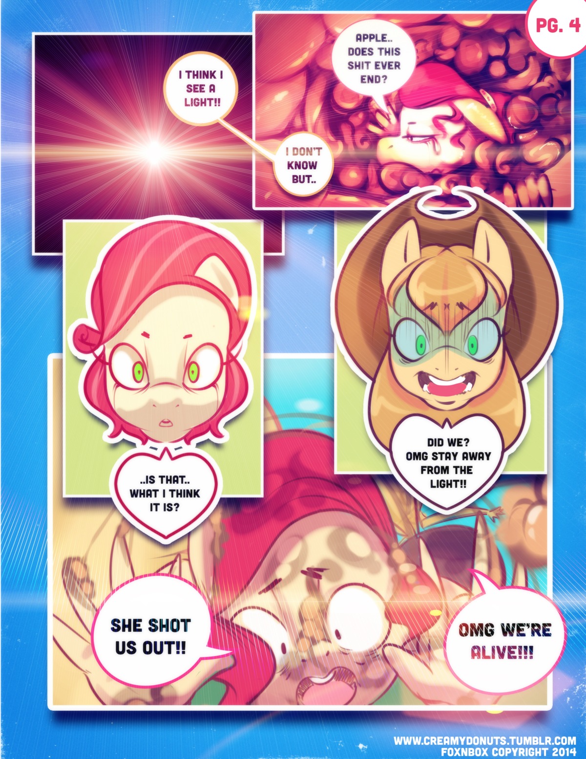2014 absurd_res anthro anthrofied applejack_(mlp) blonde_hair cherry_jubilee_(mlp) clothing comic cowboy_hat creamydonuts dialogue digital_media_(artwork) duo_focus e621 earth_pony english_text equid equine feces female female_pred friendship_is_magic full_tour fur green_eyes group hair hasbro hat headgear headwear hi_res horse humor mammal my_little_pony orange_body orange_fur pony profanity pun relieved safe_vore scatplay text url vore