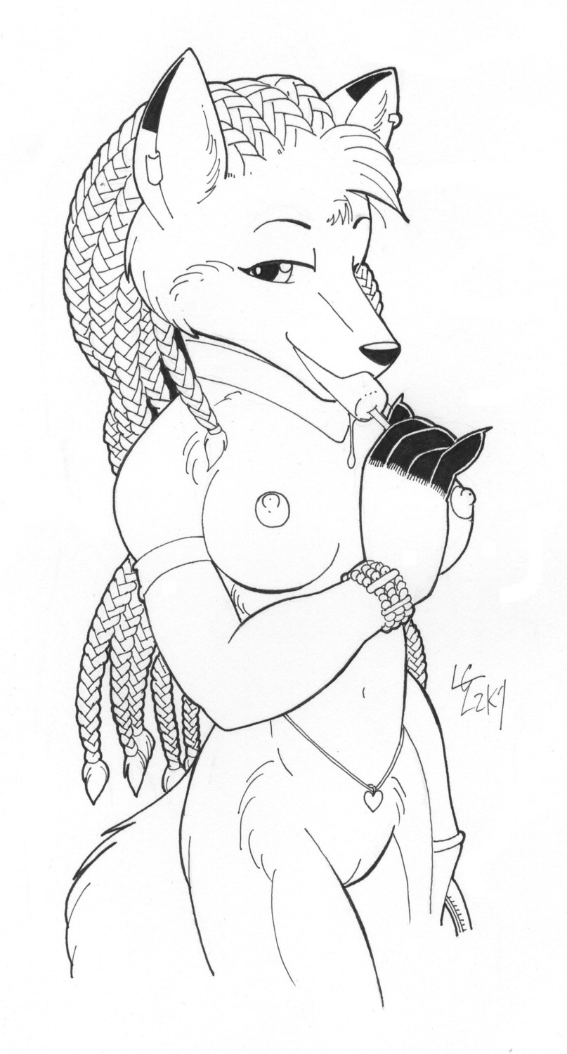 2007 anthro belly_chain black_and_white bracelet braids breasts canine ear_piercing earring female fur furry hair hi_res jewelry loupgarou monochrome nipples nude piercing popsicle puffy_nipples pussy rule34 solo suggestive_food