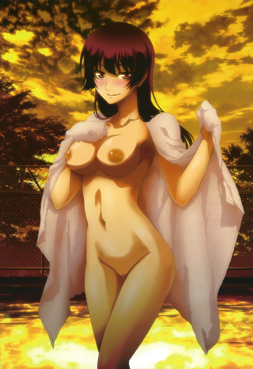 artist_request black_hair breasts cleavage evening female highres hime_cut kanoe_yuuko karge_breasys large_breasts long_hair navel nipples nude nude_filter photoshop pointy_chin pussy red_eyes rule34 solo tasogare_otome_x_amnesia towel