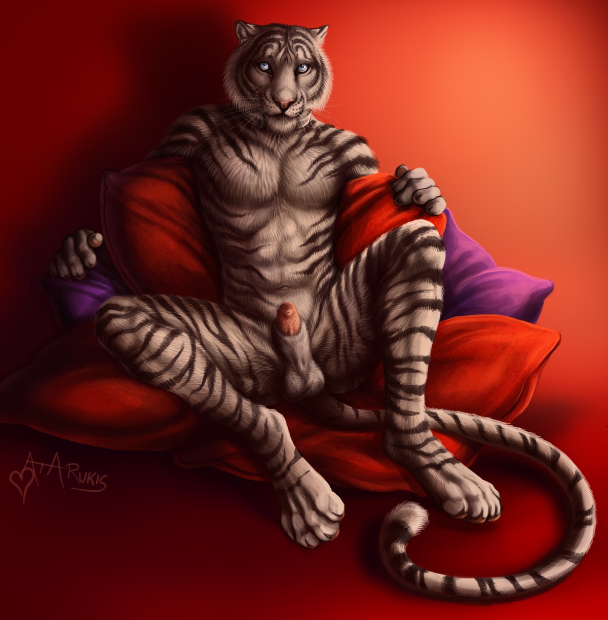 2013 4_toes abs absurd_res animal_genitalia animal_penis anthro balls biped black_body black_fur blue_eyes claws collar dhaval_(character) digitigrade e621 feet felid feline_genitalia feline_penis fur genitals half-erect hi_res hindpaw leucistic looking_at_viewer male mammal markings metal_collar navel nude pantherine pawpads paws pecs penile_spines penis pillow pink_nose pink_pawpads pink_penis purple_pillow red_background red_pillow rukis sheath simple_background sitting solo spread_legs spreading striped_body striped_ears striped_markings striped_tail stripes tail tail_markings tiger toes urethra whiskers white_balls white_body white_fur white_sheath