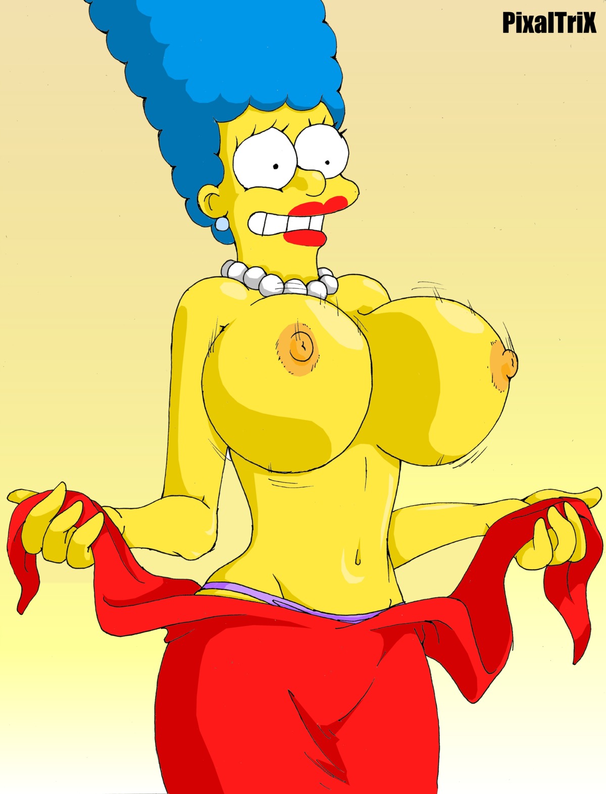 alternate_breast_size big_breasts blue_hair breasts canonical_scene clothes color dress female female_only flashing flashing_breasts hair huge_breasts human marge_simpson milf mother nipples piercing pixaltrix presenting presenting_breasts red_dress rule34 solo standing tagme the_simpsons topless undressing whoa_look_at_those_magumbos yellow_skin
