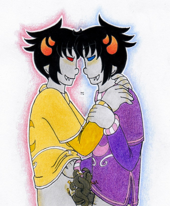 2boys black_hair blue_eyes blush clothing cum grey_skin homestuck horns male ms_paint_adventures multi_genitalia multi_penis pandemoniumincarnate penis pointy_ears red_eyes rule34 selfcest sharp_teeth short_hair smile sollux_captor source_request tentabulge tentacle_penis triphallia troll white_background yaoi