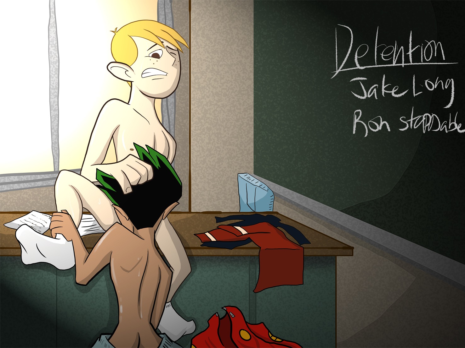 2boys american_dragon:_jake_long cartoonking classroom crossover detention disney fellatio gay human human_only jake_long kim_possible legs_apart male male/male male_only multiple_males naked oral pants_down ron_stoppable rule34 sexually_suggestive shirt_removed sitting_on_desk socks_only straight_hair yaoi