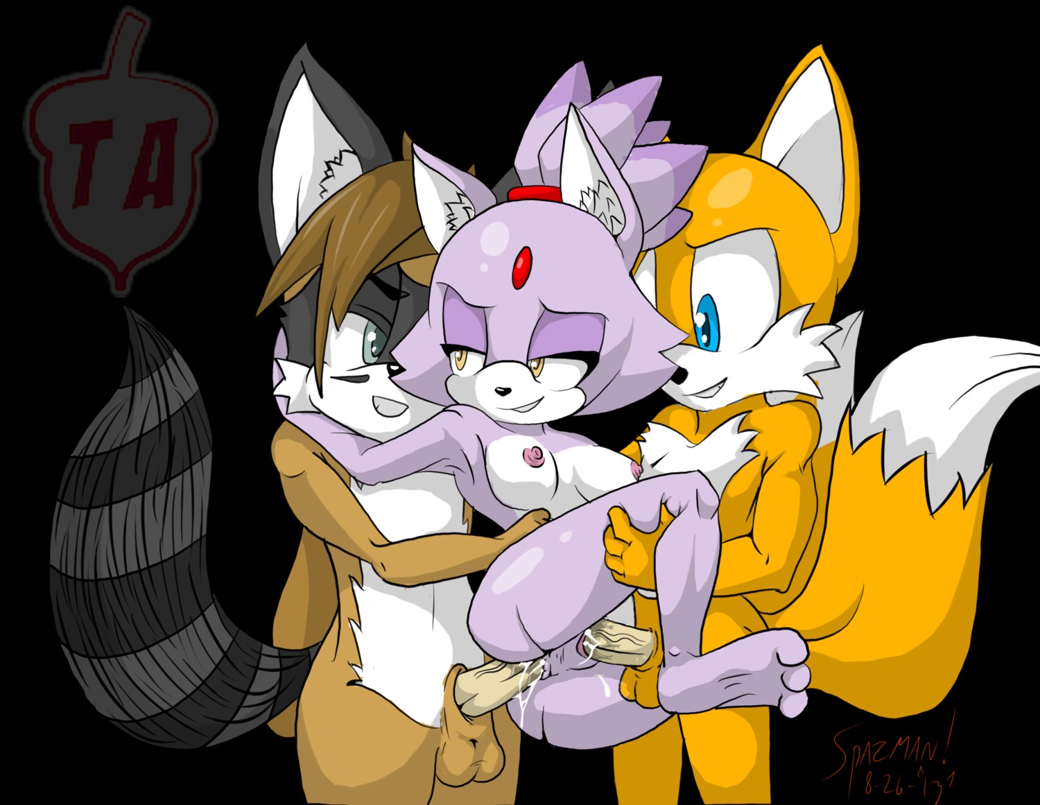 2013 anal anal_penetration anthro anus areola balls barefoot big_breasts black_background blaze_the_cat blue_eyes breasts brown_hair canid canine canon_x_oc domestic_cat double_penetration e621 erect_nipples erection eye_contact fan_character feet felid feline felis female fox genitals grey_eyes group group_sex hair half-closed_eyes hi_res looking_at_another male male/female male_penetrating mammal miles_prower multicolored_hair narrowed_eyes nipples nude orange_hair penetration penis sega sex signature simple_background smile sonic_the_hedgehog_(series) spazman teamacorn threesome trio two_tone_hair vaginal vaginal_penetration vein veiny_penis vulva yellow_eyes