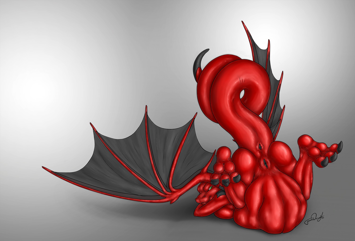 3_toes anthro anus ass_up belly big_belly breasts butt claws dragon drena e621 feet female female_pred forceswerwolf genitals green_eyes hi_res hindpaw hybrid looking_back membrane_(anatomy) membranous_wings mythological_creature mythological_scalie mythology non-mammal_breasts nude overweight overweight_anthro overweight_female paws perineum raised_tail red_body red_scales resting_on_belly same_size_vore scales scalie solo tail toe_claws toes vore vulva wings